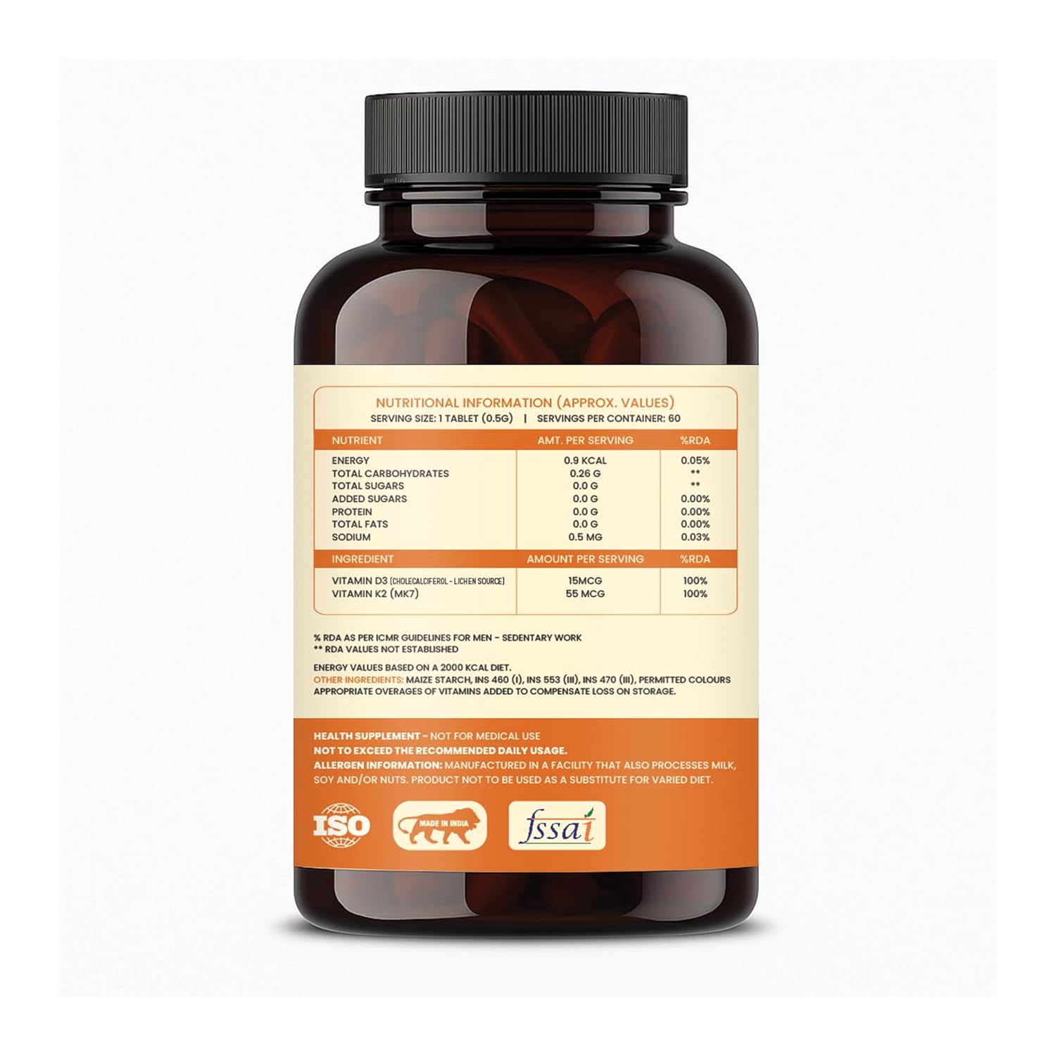 NAVR Vitamin D3 K2 (MK7) Supplement for Bone & Heart Health - 60 Tablets
