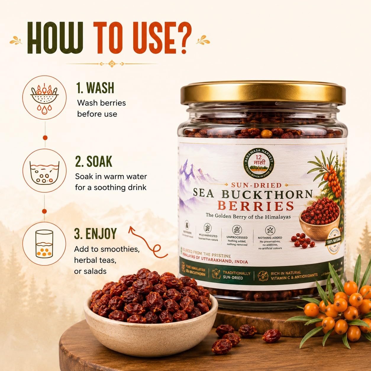 Baramasa Harvest Seabuckthorn Berries (100g) | Pure Himalayan Sun-Dried Superfruit | Abundant in Vitamin C, Omega 3, 6, 7 & 9