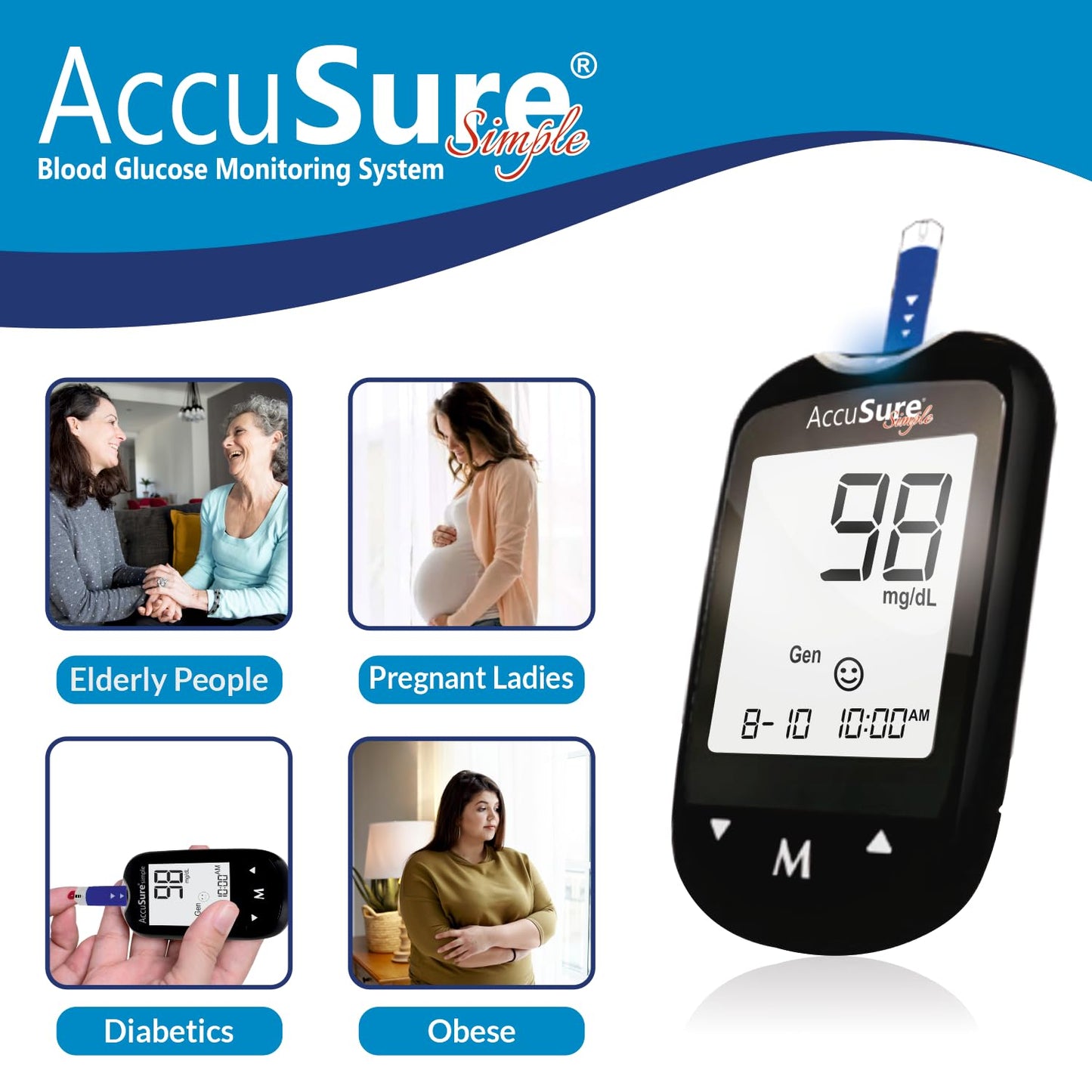 AccuSure Simple Digital Glucometer Kit |with 25 Strips, 10 Lancet,1 Lancing device for Accurate Blood Glucose Sugar Testing Machine