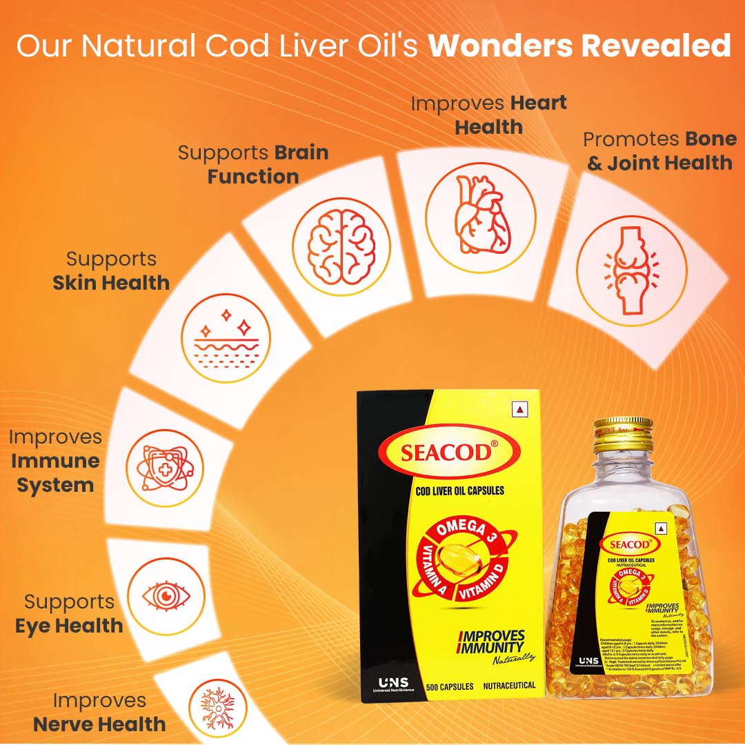 Seacod Cod Liver Oil Capsule 300 mg | Omega-3, Vitamins D & A | Immune & Heart Health