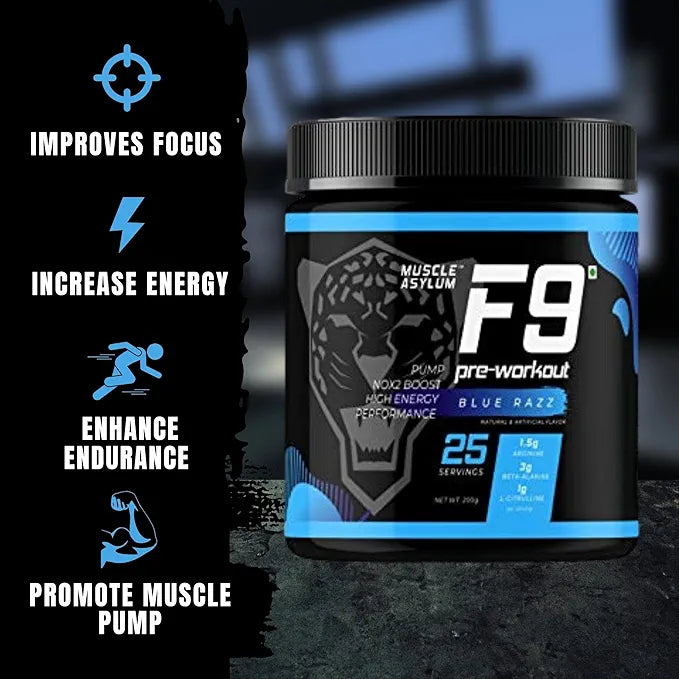 Muscle Asylum F9 Pre-Workout Blue Razz - 50 Serving - 400gm