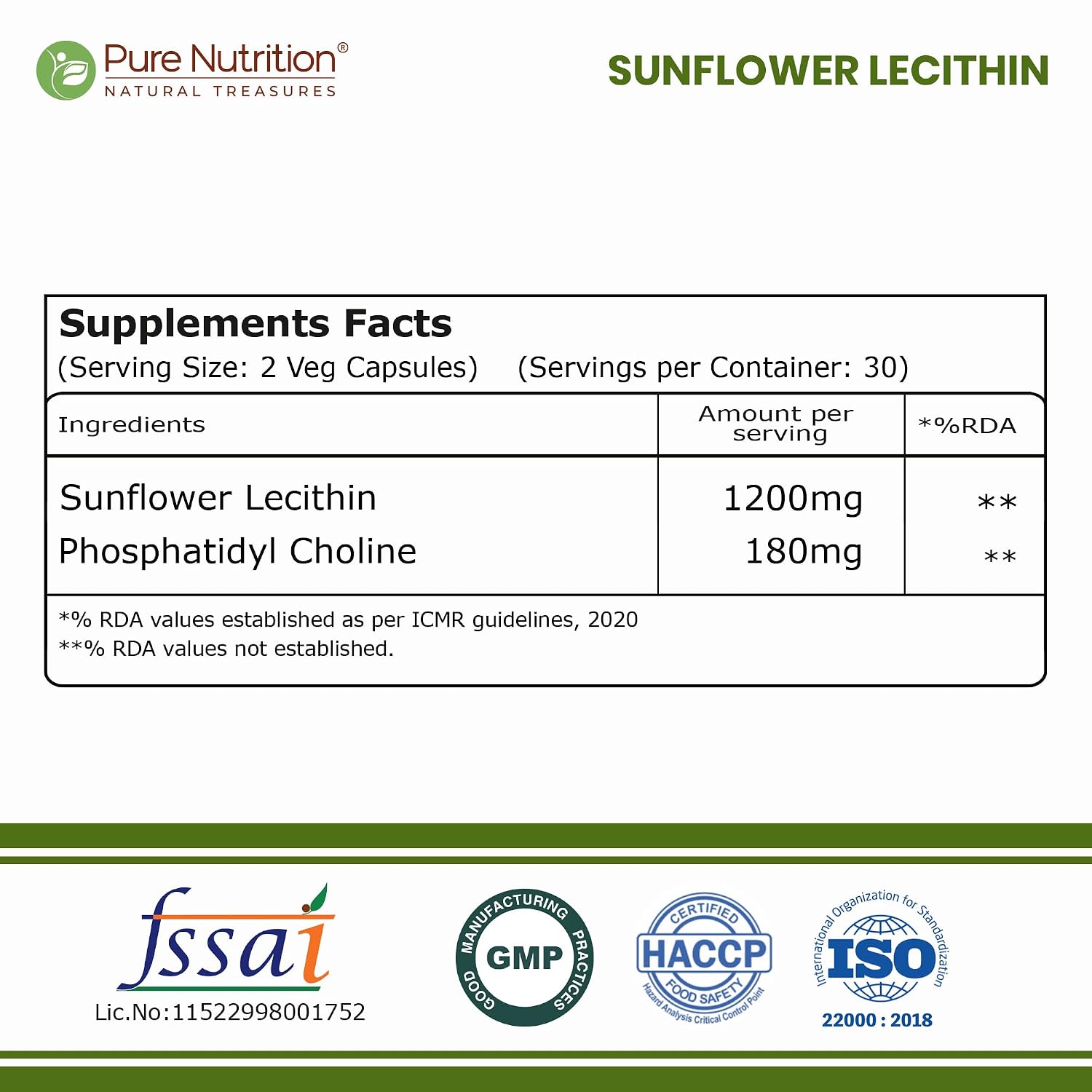 Pure Nutrition Sunflower Lecithin 1200mg, 60 Capsules | Brain & Wellness Support