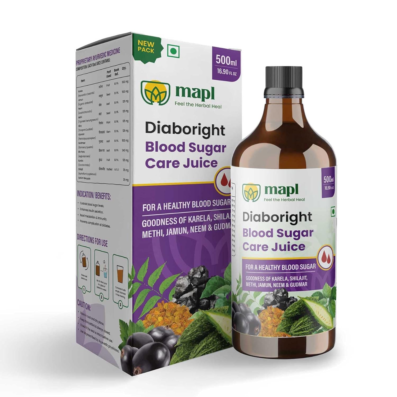 MAPL Diaboright Blood Sugar Care Juice 500ml | Neem, Giloy, Karela, Jamun & Shilajit | Supports Glucose Control, Energy & Immunity