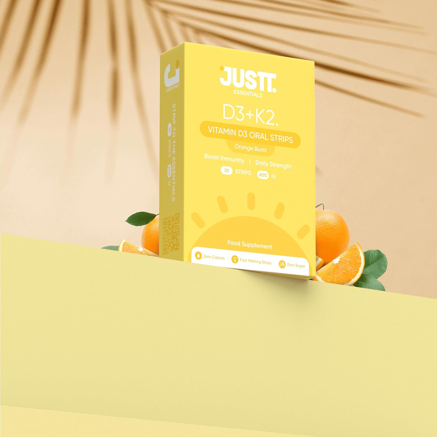 Justt Essentials D3+K2 Vitamin D3 Oral Strips, 600 IU, Orange Burst Flavour, Fast Dissolving, Sugar-Free, 30 Strips
