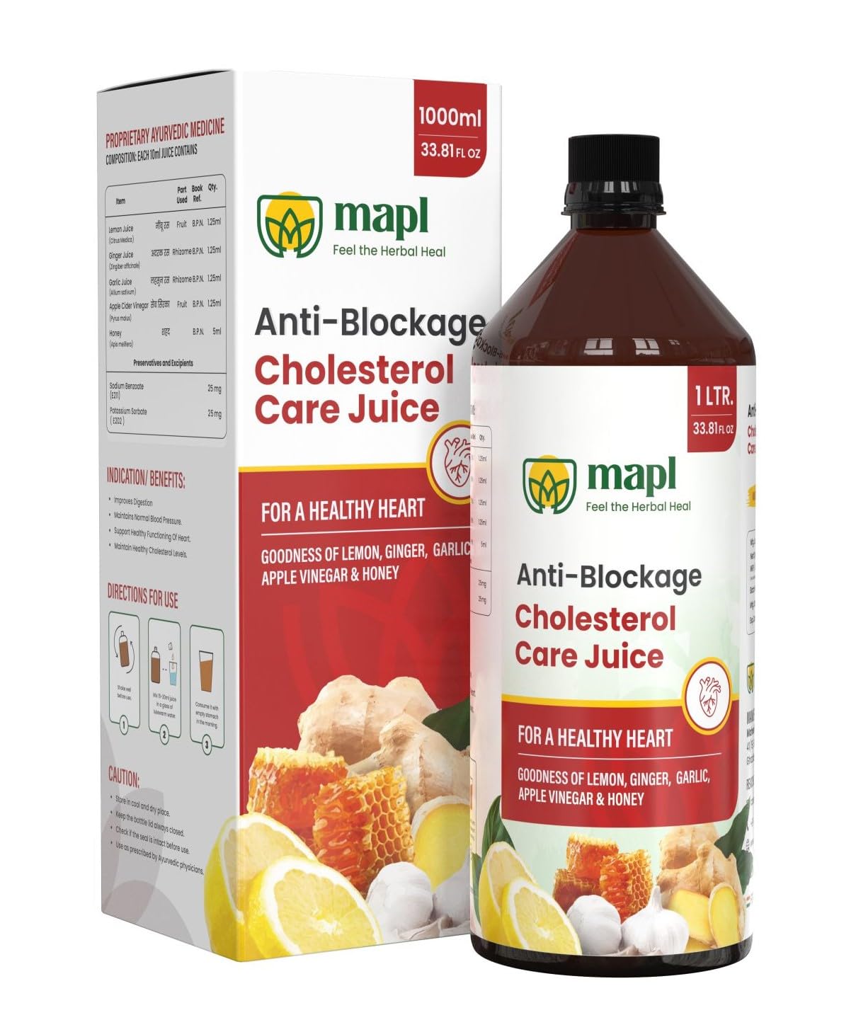 MAPL Anti Blockage Cholesterol Care Juice 1000ml | Garlic, Ginger, Lemon & Apple Cider Vinegar | Supports Heart Health & Cholesterol Balance