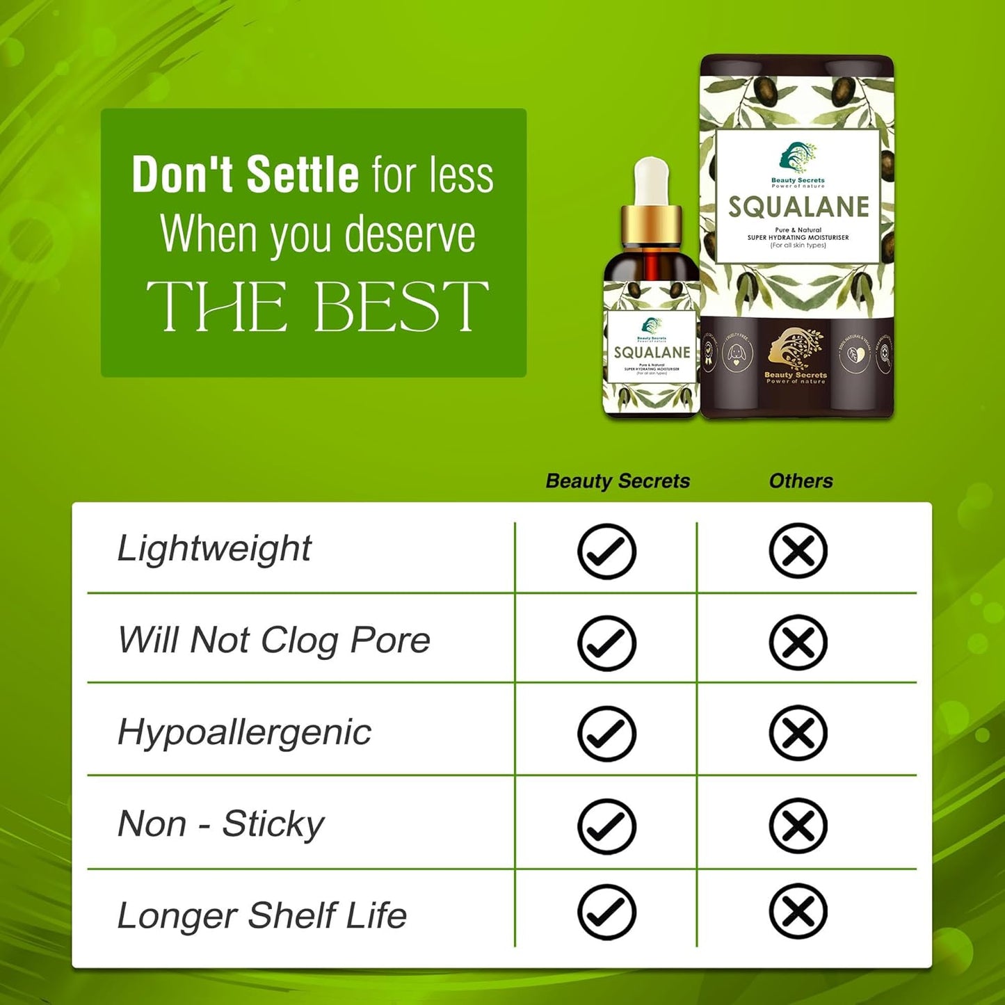 Beauty Secrets Certified Organic Squalane Oil For Face | Lightweight Anti Aging Face Oil for Glowing Skin | Hydrating Face Moisturizer for Women & Men for All Skin Types-30ml