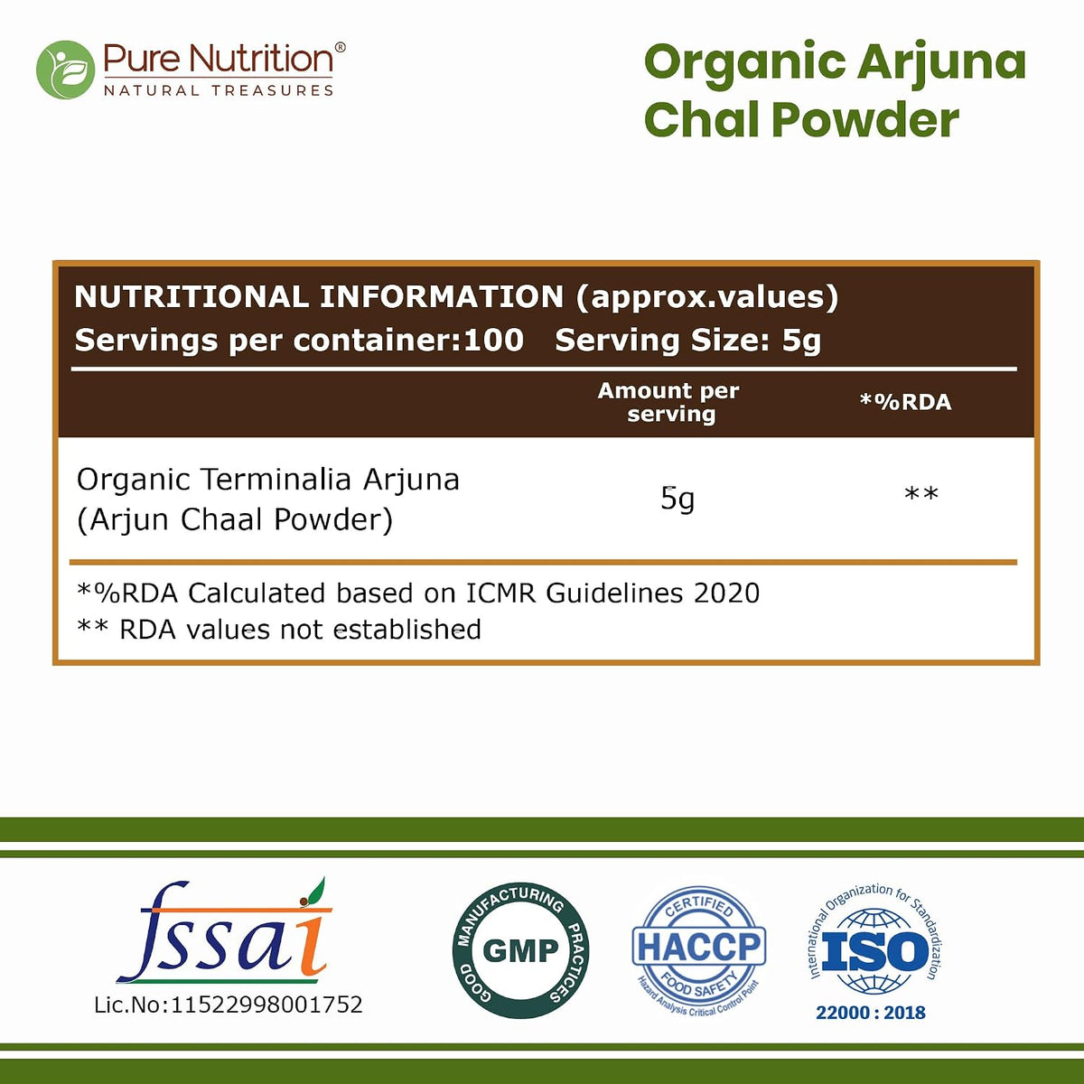 Pure Nutrition Organic Arjuna Chal Powder 500g | Herbal Heart & Cardiovascular Wellness Support