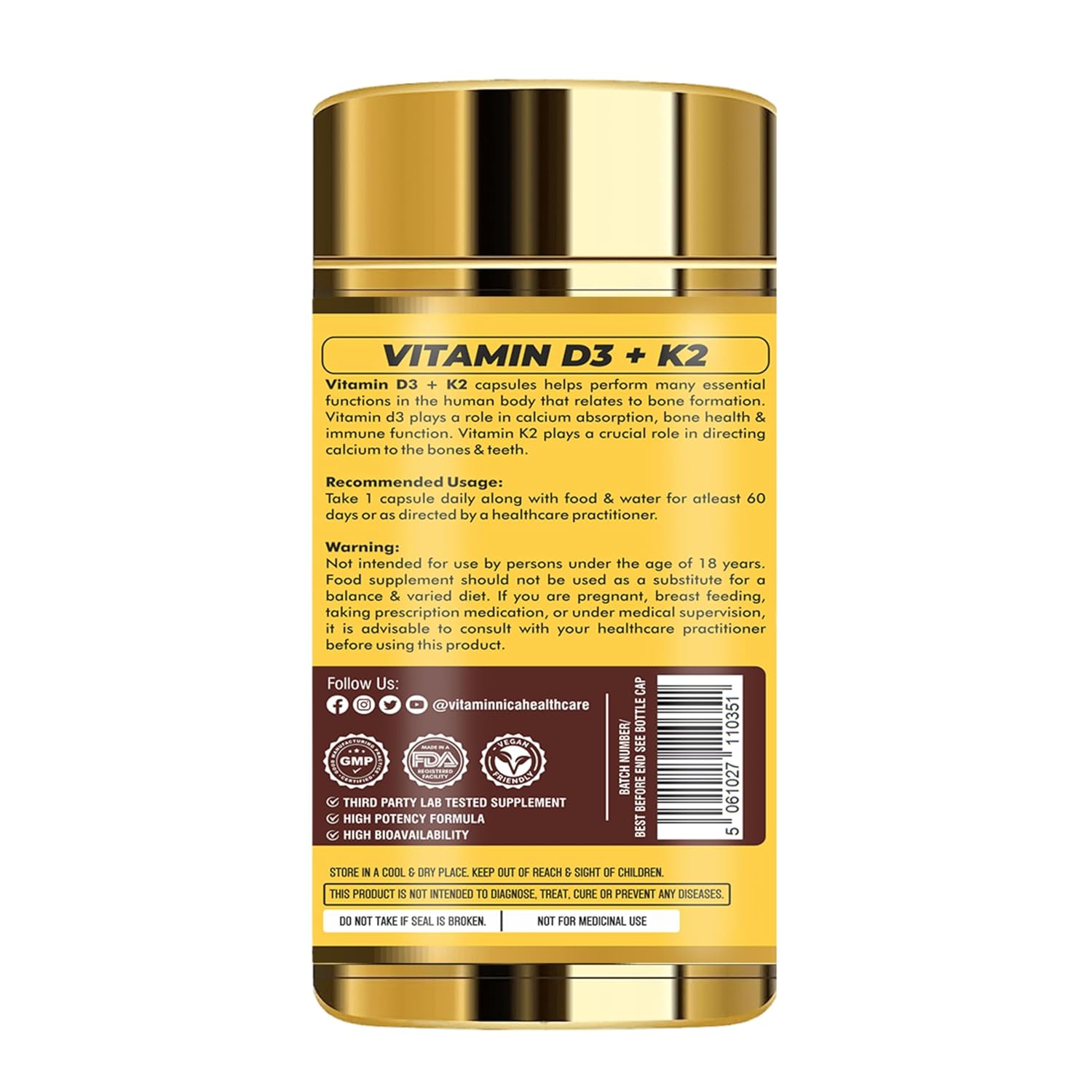 Vitaminnica Vitamin D3 + K2 Capsules 60 Count - Calcium Absorption & Bone Support Formula