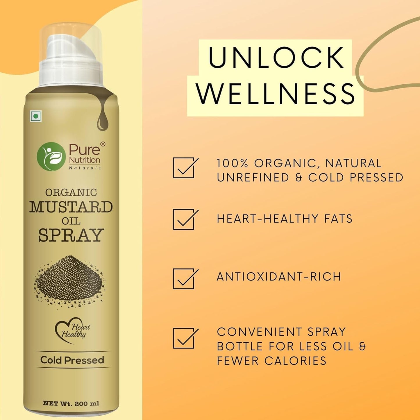 Pure Nutrition Organic Mustard Oil Spray - 200ml | 100% Pure, Natural & Cold-Pressed | Cook Healthy with 10X Less Oil | Ideal for Sautéing & Grilling | Supports Heart Health | Naturally Cholesterol-Free & Rich in Omega-3