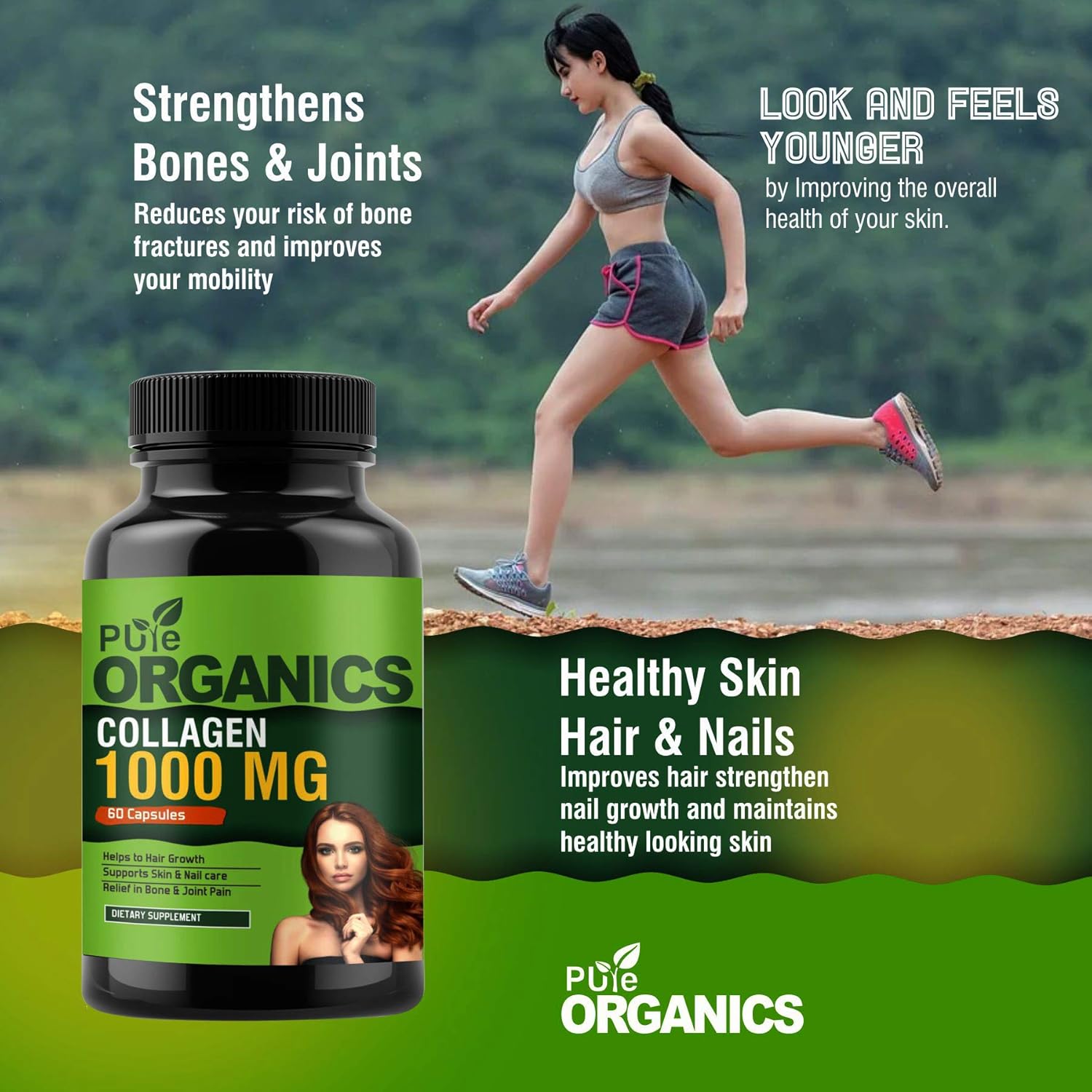 PUREORGANICS Collagen Protein Capsules 1000 mg Collagen Peptides for Healthy Skin and Nails and Relief in Bone and Joint Pain - 60 Capsules