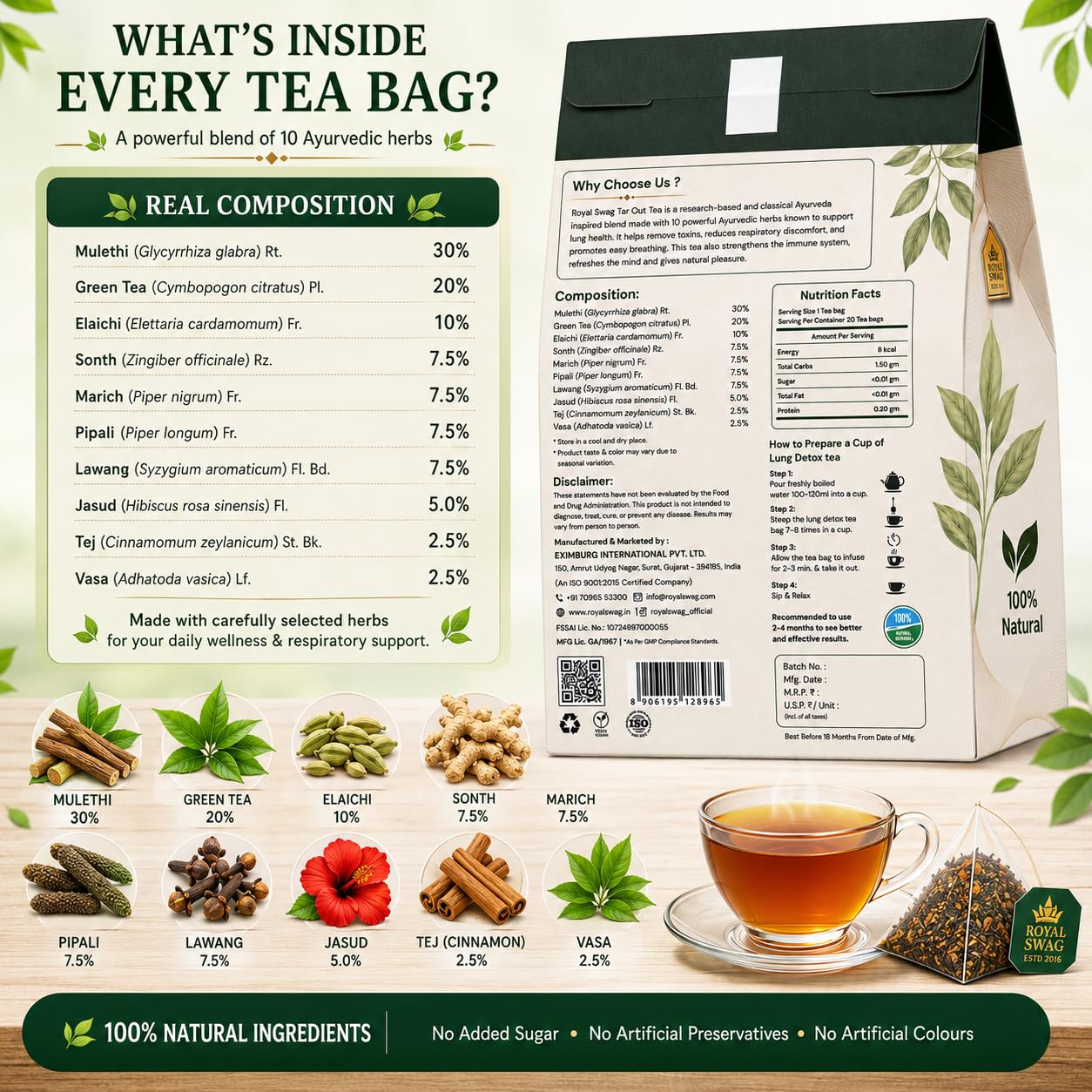 Royal Swag Lung Detox Herbal Tea - Ayurvedic Tar Cleanse for Smokers (20 Tea Bags)