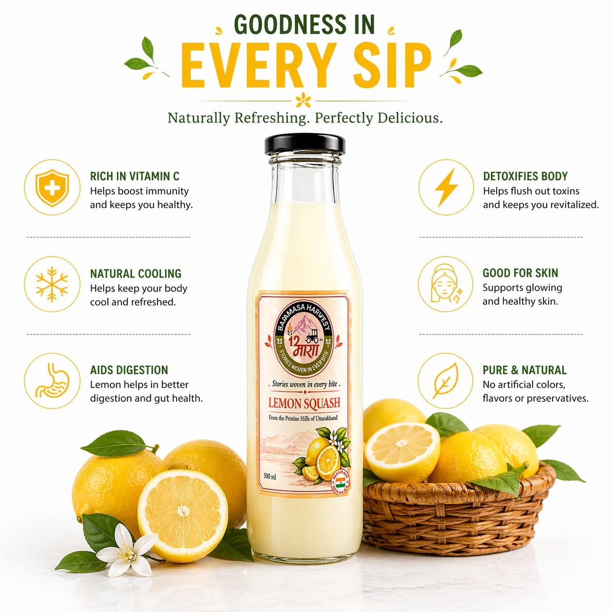Baramasa Harvest Lemon Squash (500ml) | Refreshing Himalayan Citrus Drink | Rich in Vitamin C & Hydration Support