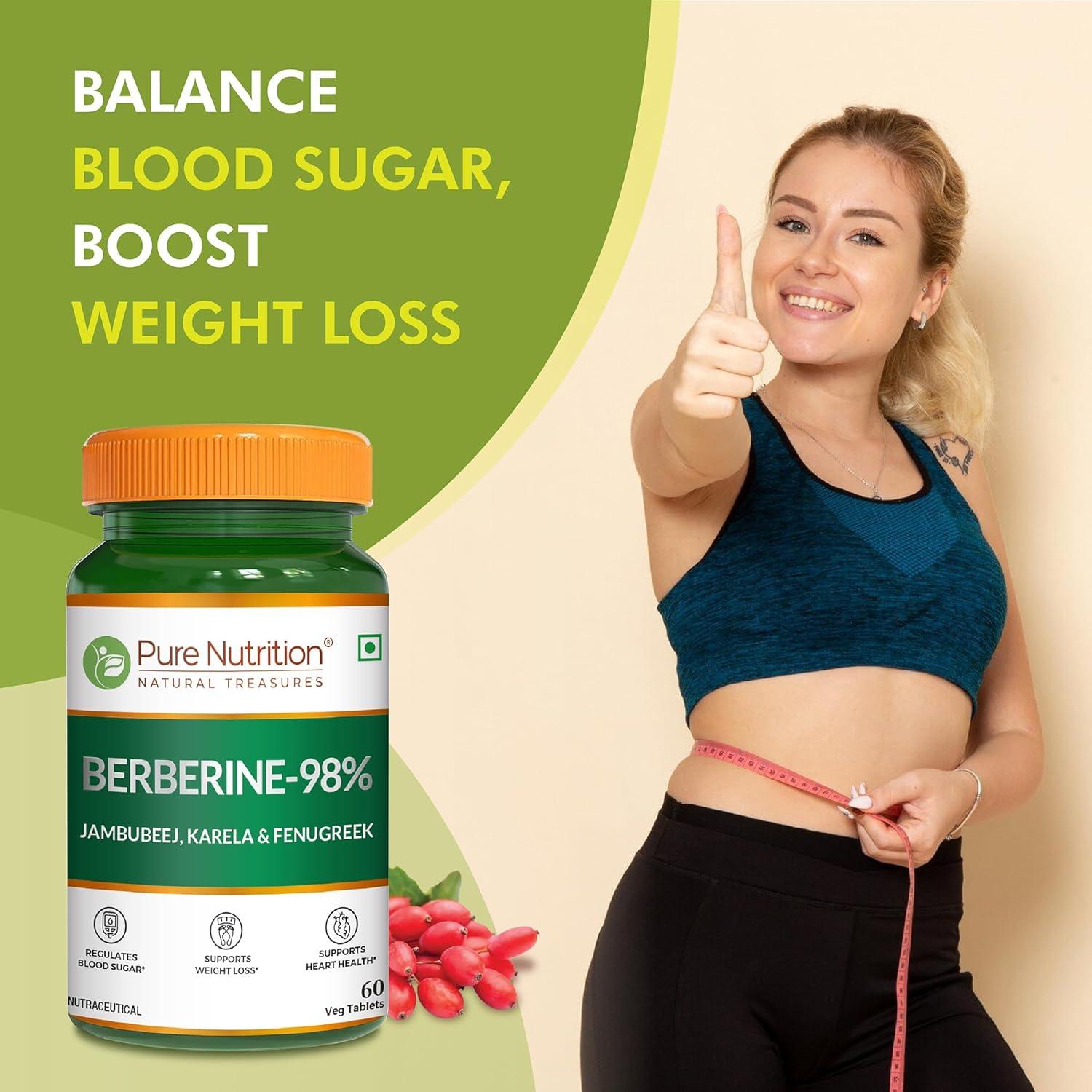 Pure Nutrition 98% Berberine Tablets - 60 Tablets with Jamun Beej, Karela & Fenugreek Extract