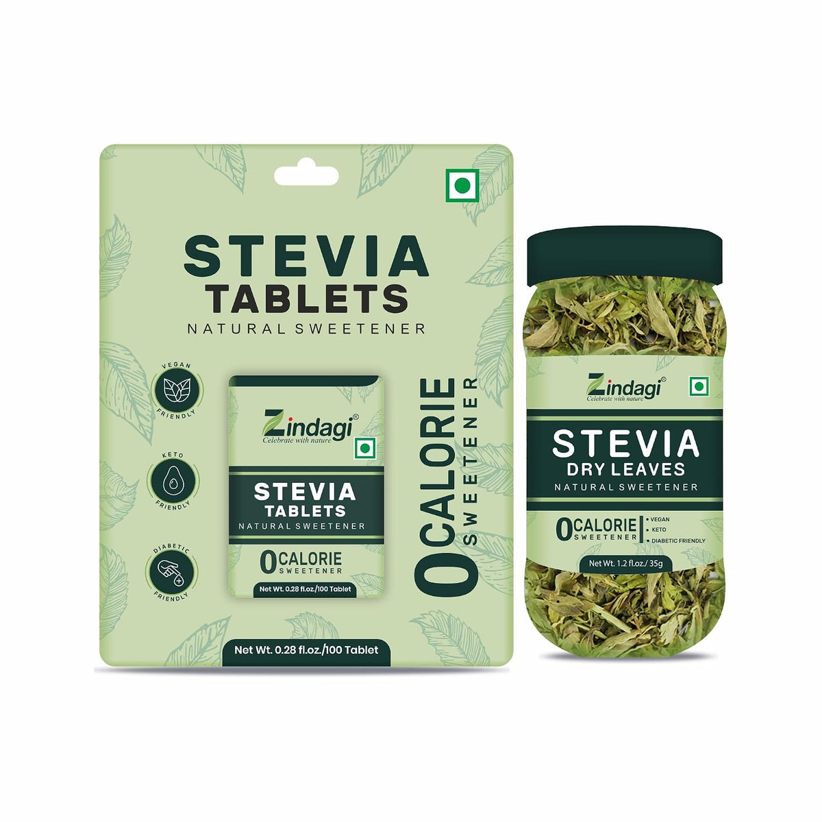 Zindagi Stevia Tablets & Stevia Dry Leaves (35 g) | 100% Natural Zero-Calorie Sugar-Free Sweetener Combo Pack