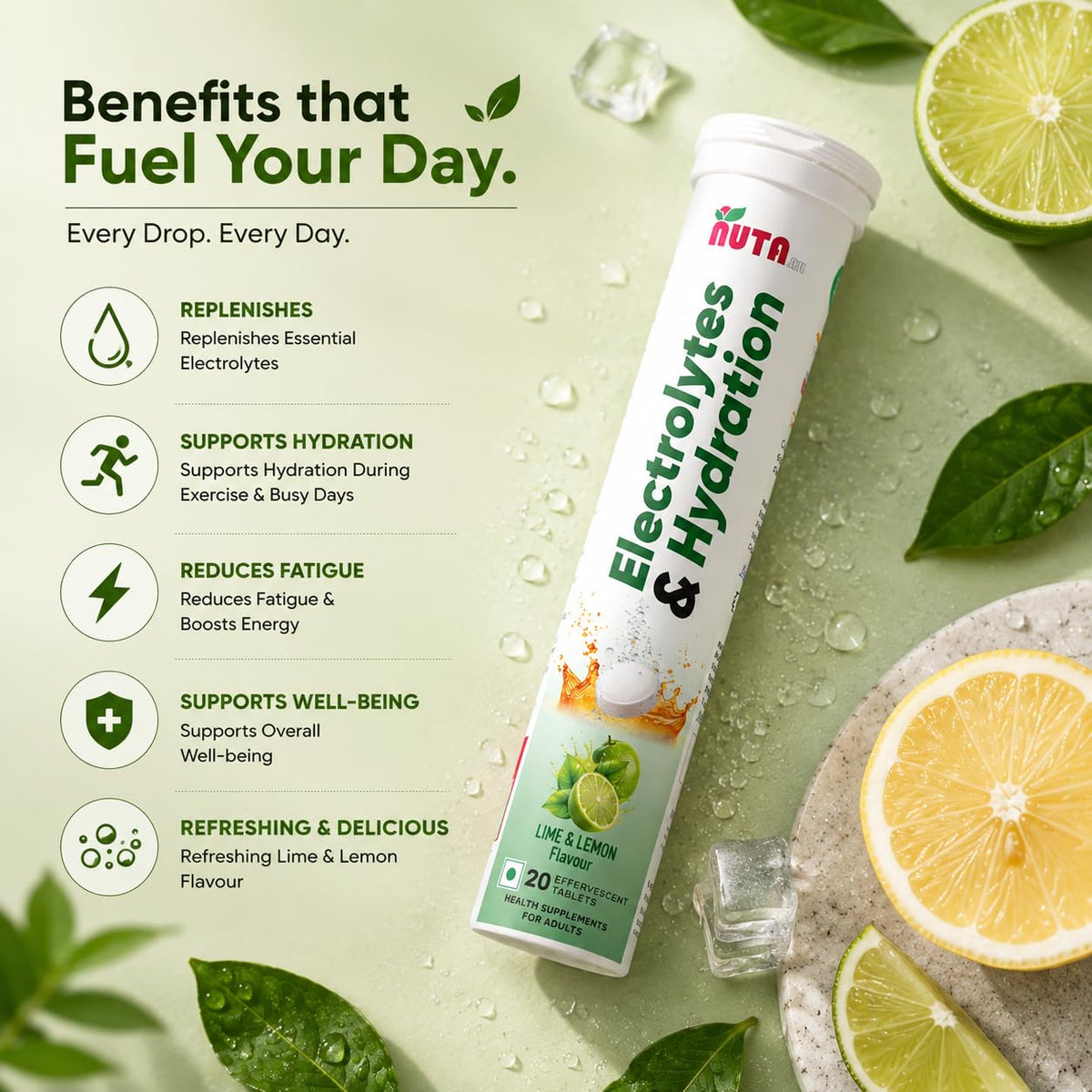 Arogyasiddhi Electrolyte & Vitamin C Effervescent Tablets | Instant Energy & Rapid Hydration | Lemon Lime Flavor | 10 Effervescent Tablets