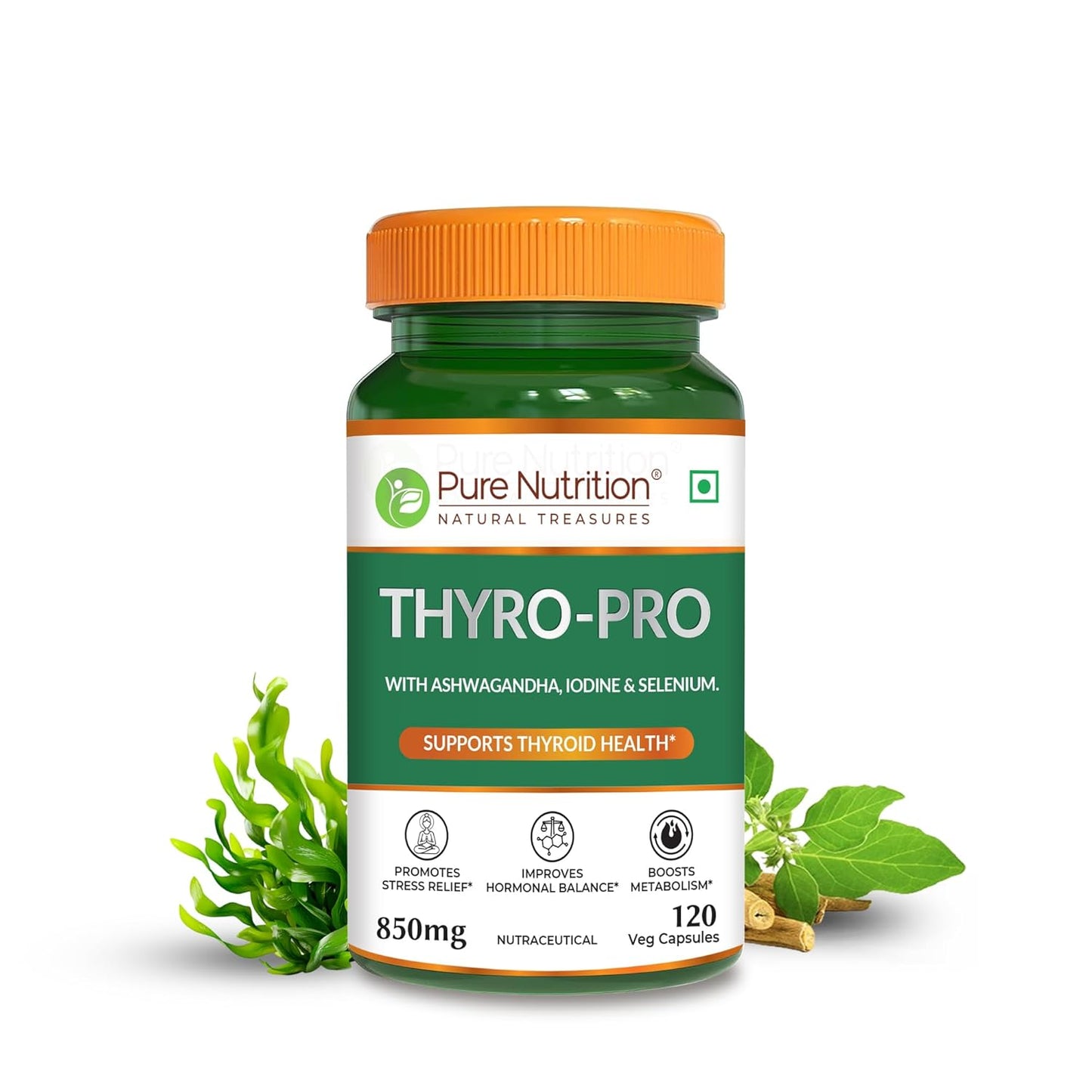 Pure Nutrition Thyro Pro Capsules | With Ashwagandha, Iodine & Selenium | Supports Thyroid Function, Balances Hormones| Promotes Overall Wellness - 120 Veg Capsules