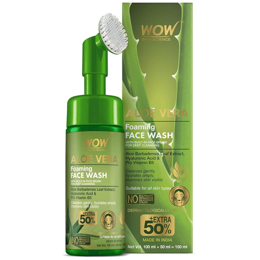 WOW Skin Science Face Wash Aloevera Foaming with Built-In Face Brush - 150ml