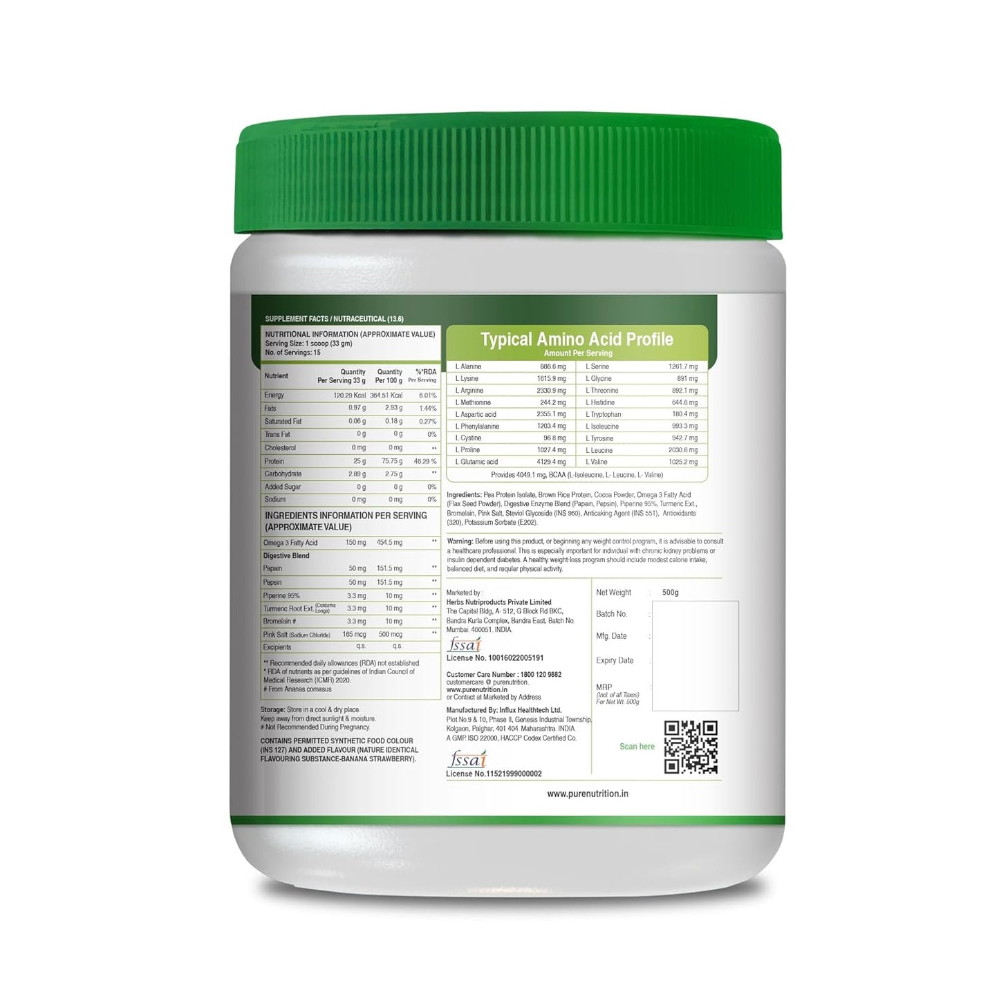 Pure Nutrition Plant Protein Powder Cranberry Crush, 500g, for Men, Women With Pea & Brown Rice Protein with Omega3, Digestive Enzymes & Turmeric | Plant-based, Vegan Supplement for Muscle Growth & Strength | No Artificial Sweeteners