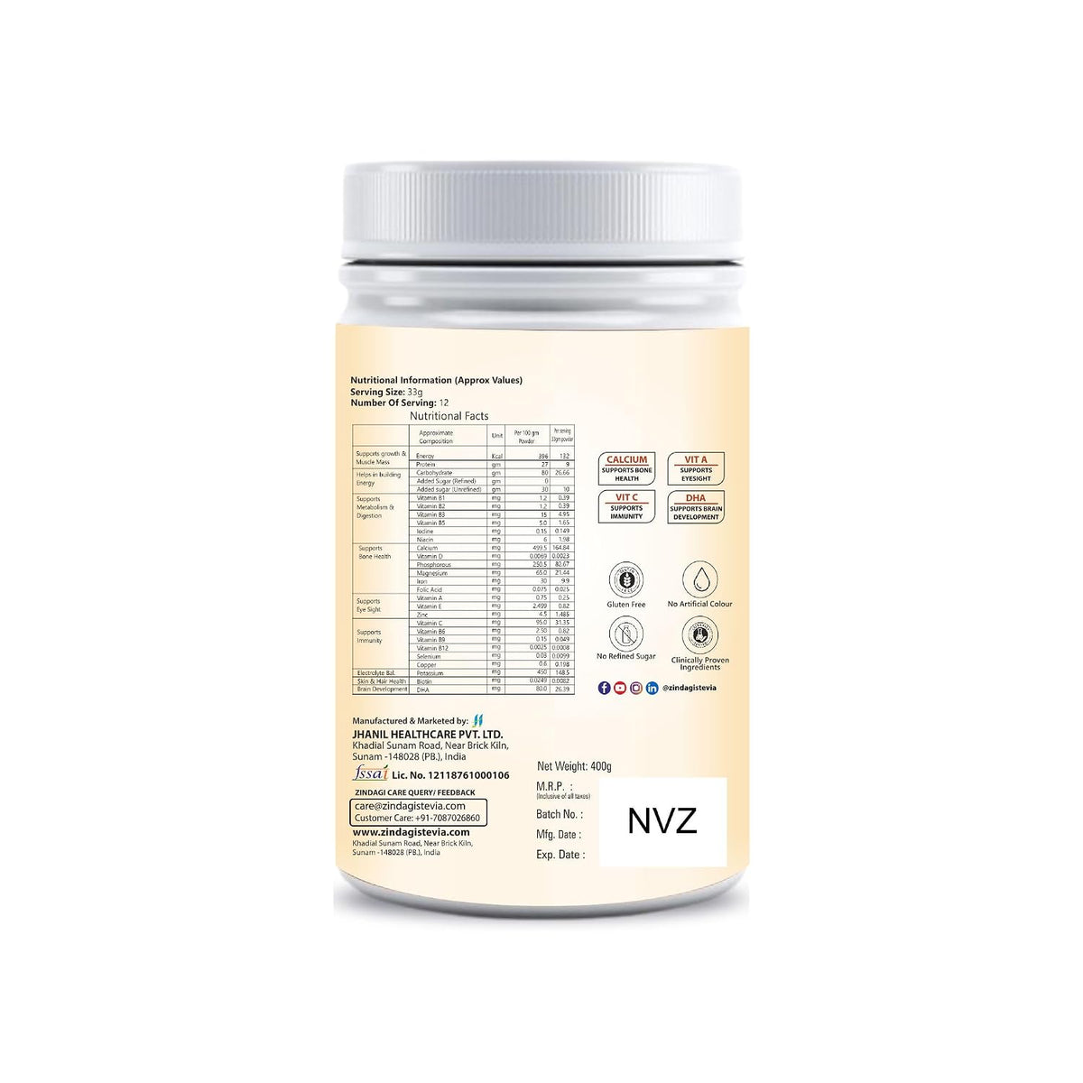 Zindagi Chocolate Nutrimix Plant Protein Powder | Naturally Sweetened with Dates & Jaggery | 23 Essential Vitamins & Minerals | 9g Plant Protein | 400 g
