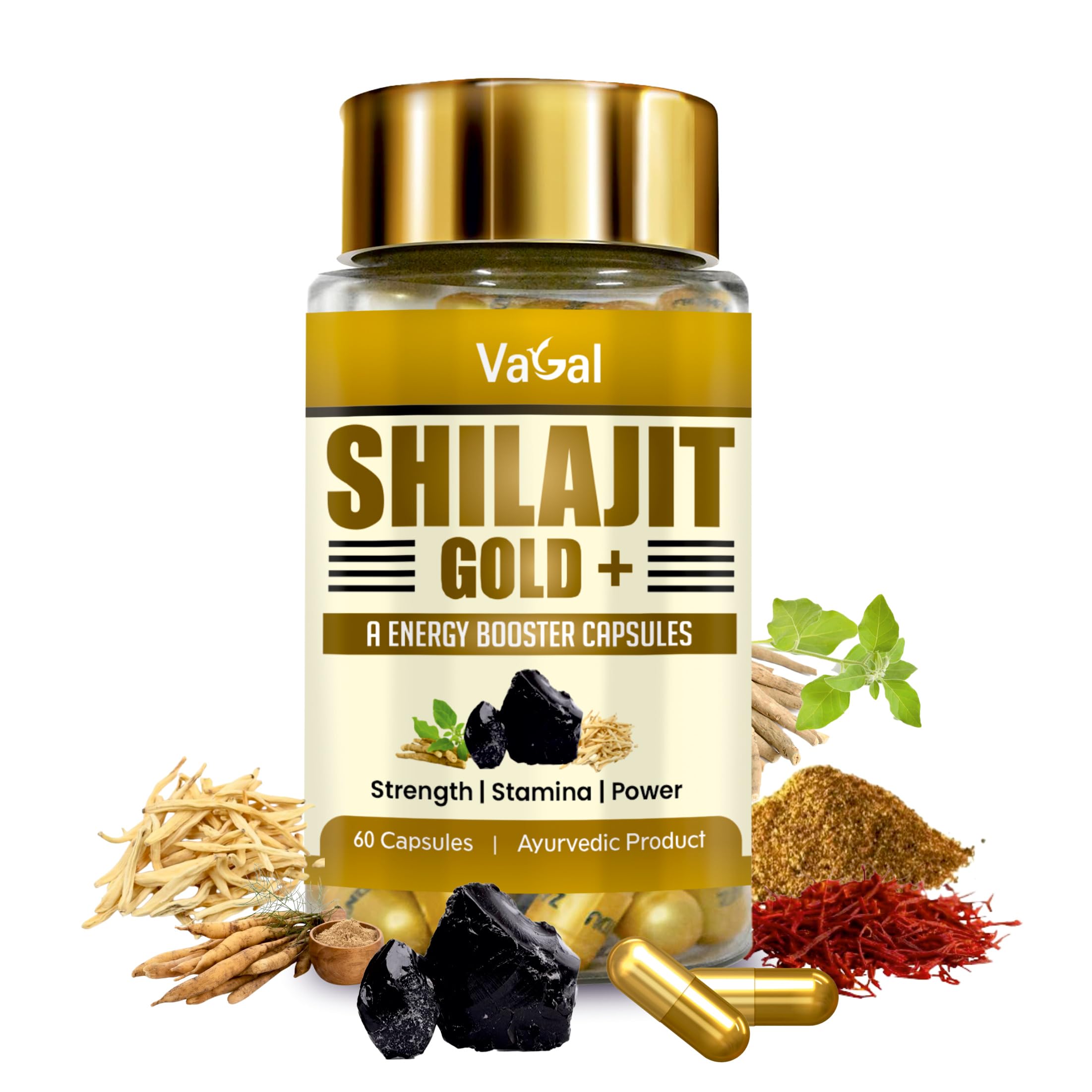 VAGAL Shilajit Gold Plus Capsules - Advanced Himalayan Minerals & Performance Formula for Men, 60 Count