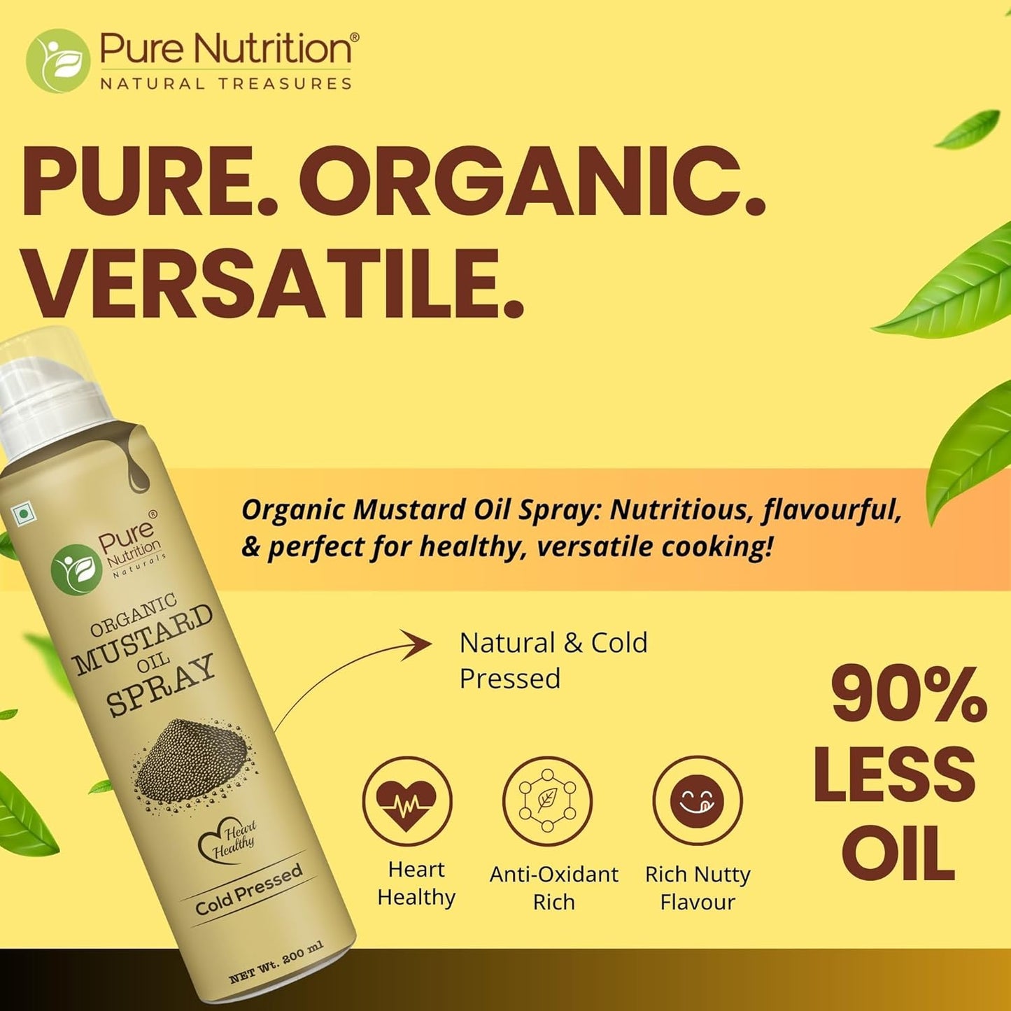 Pure Nutrition Organic Mustard Oil Spray - 200ml | 100% Pure, Natural & Cold-Pressed | Cook Healthy with 10X Less Oil | Ideal for Sautéing & Grilling | Supports Heart Health | Naturally Cholesterol-Free & Rich in Omega-3