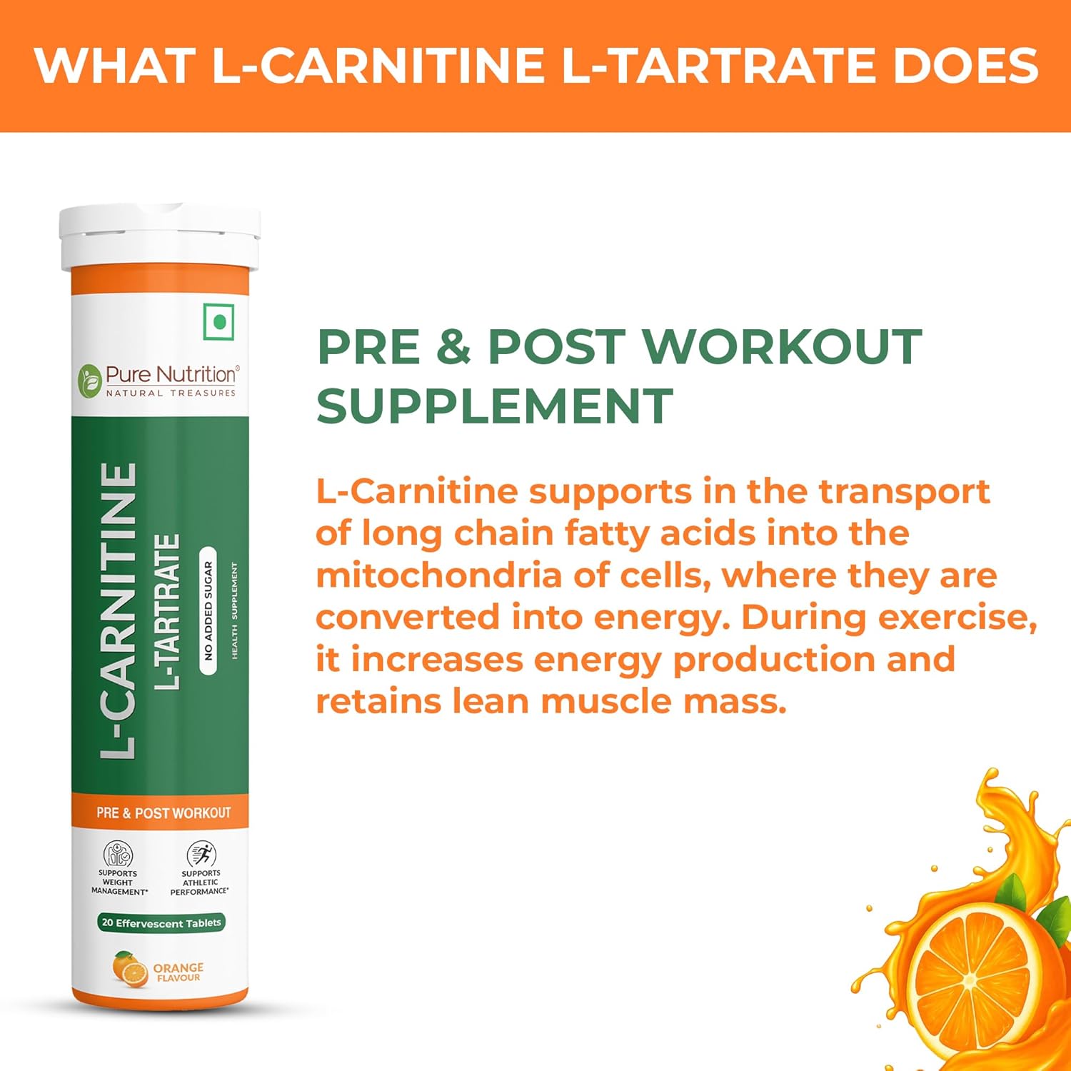 Pure Nutrition L-Carnitine Effervescent Tablets – 20 Tabs | Energy & Metabolism Support
