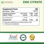Pure Nutrition Zinc Citrate Tablets 44mg | High Absorption Zinc Supplement for Immunity, Blood Sugar & Bone Health | Supports Muscle Recovery, Skin Glow, Hair Strength & Nail Growth | Essential Mineral for Overall Wellness – 120 Veg Tablets