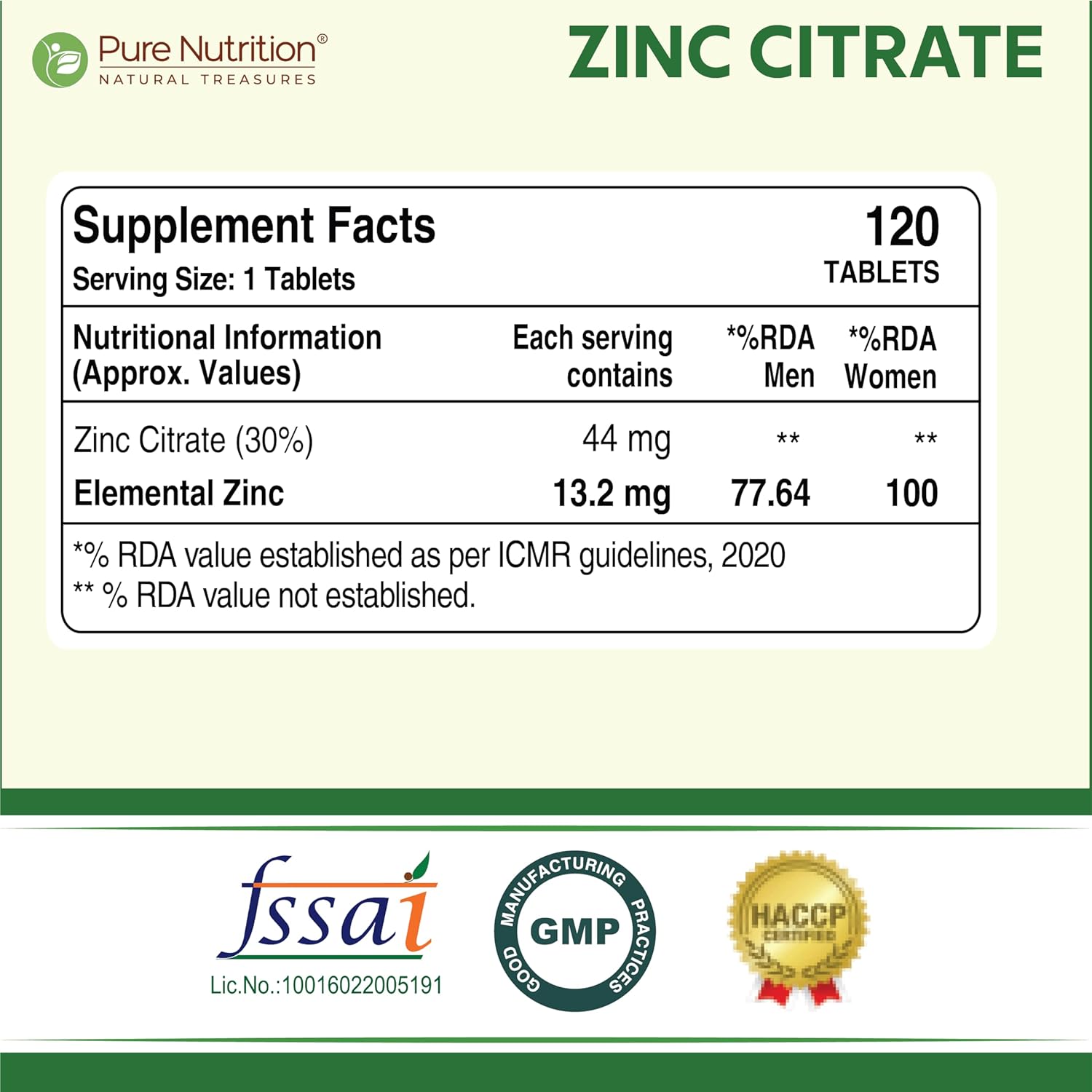 Pure Nutrition Zinc Citrate Tablets 44mg | High Absorption Zinc Supplement for Immunity, Blood Sugar & Bone Health | Supports Muscle Recovery, Skin Glow, Hair Strength & Nail Growth | Essential Mineral for Overall Wellness – 120 Veg Tablets