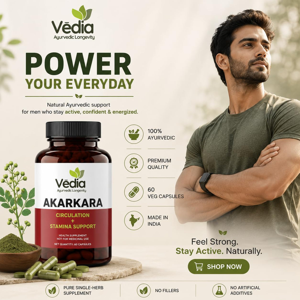 Vedia Akarkara (Anacyclus Pyrethrum) Capsules | Natural Herbal Supplement for Male Vitality, Stamina & Nervous System Support (60 Capsules)
