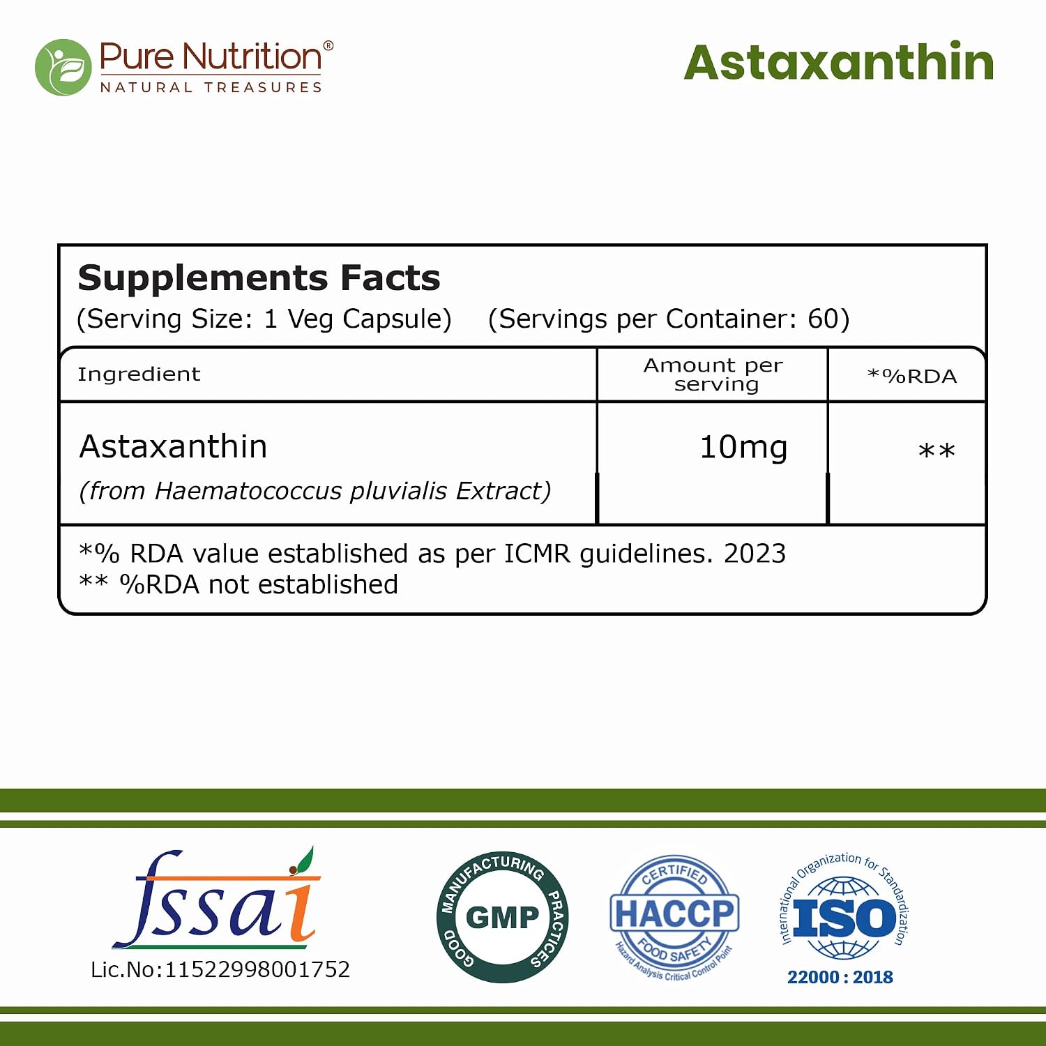 Pure Nutrition Astaxanthin 10mg, 60 Capsules | Antioxidant & Cellular Health Support Supplement