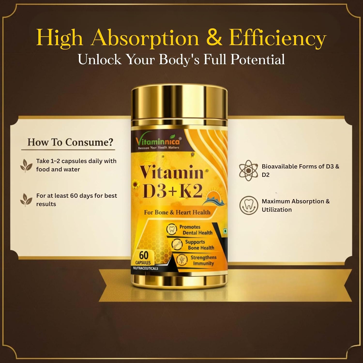 Vitaminnica Vitamin D3 + K2 Capsules 60 Count - Calcium Absorption & Bone Support Formula