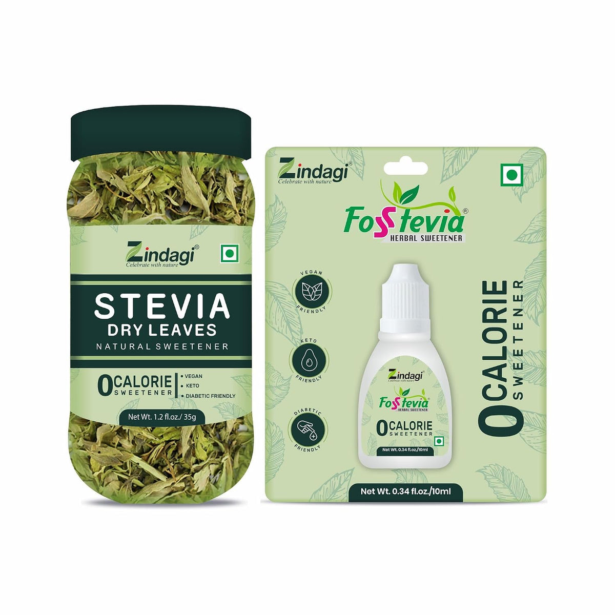 Zindagi Stevia Leaves & Stevia Liquid Drops | 100% Natural Zero-Calorie Sweetener Combo Pack