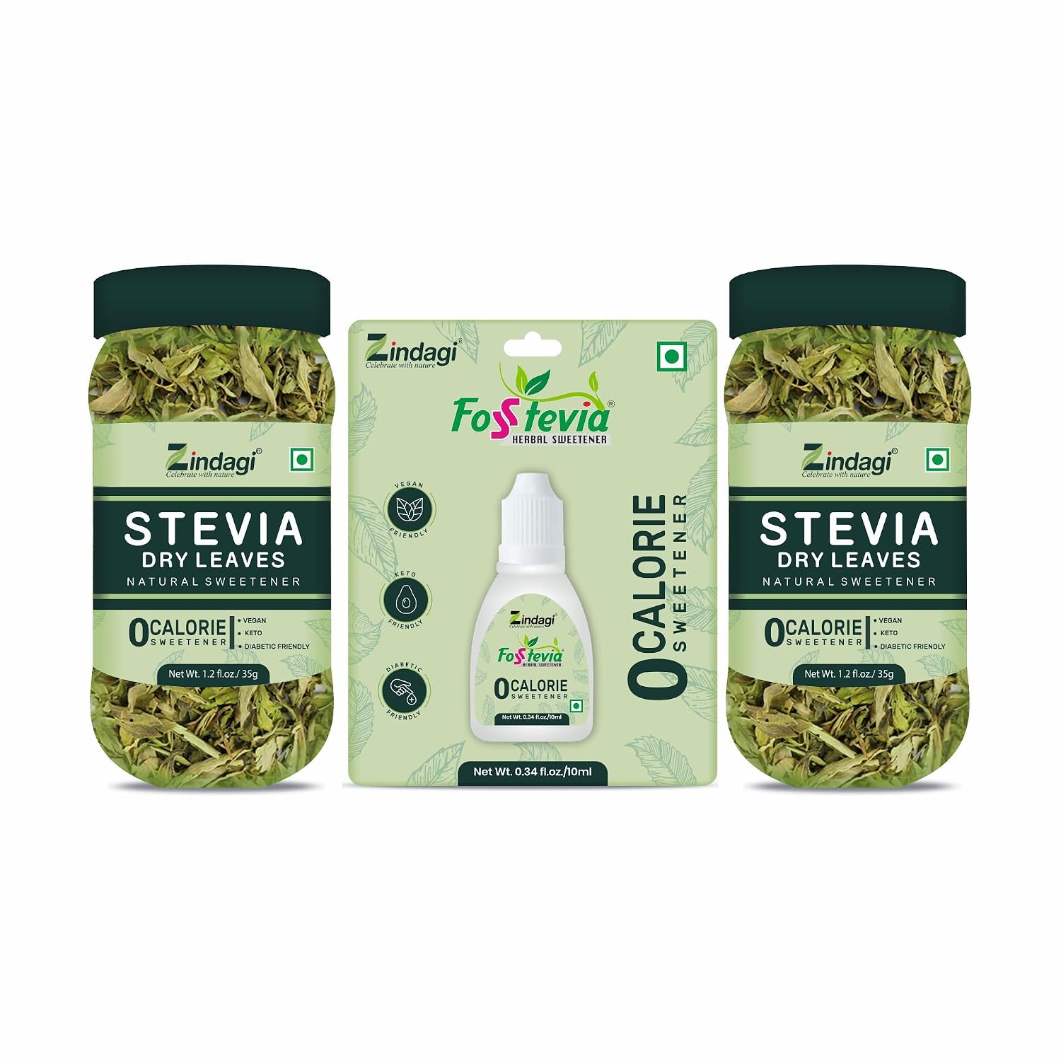 Zindagi Stevia Dry Leaves (70 g) & Stevia Liquid Extract Drops (10 ml) | 100% Natural Zero-Calorie Sugar-Free Sweetener Combo Pack
