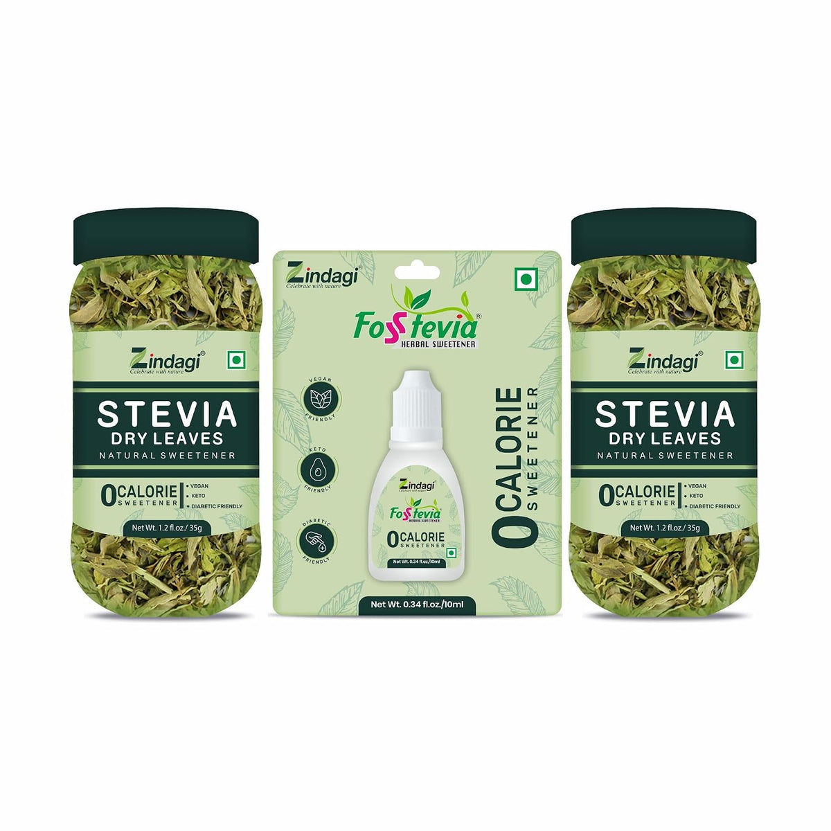 Zindagi Stevia Dry Leaves (70 g) & Stevia Liquid Extract Drops (10 ml) | 100% Natural Zero-Calorie Sugar-Free Sweetener Combo Pack