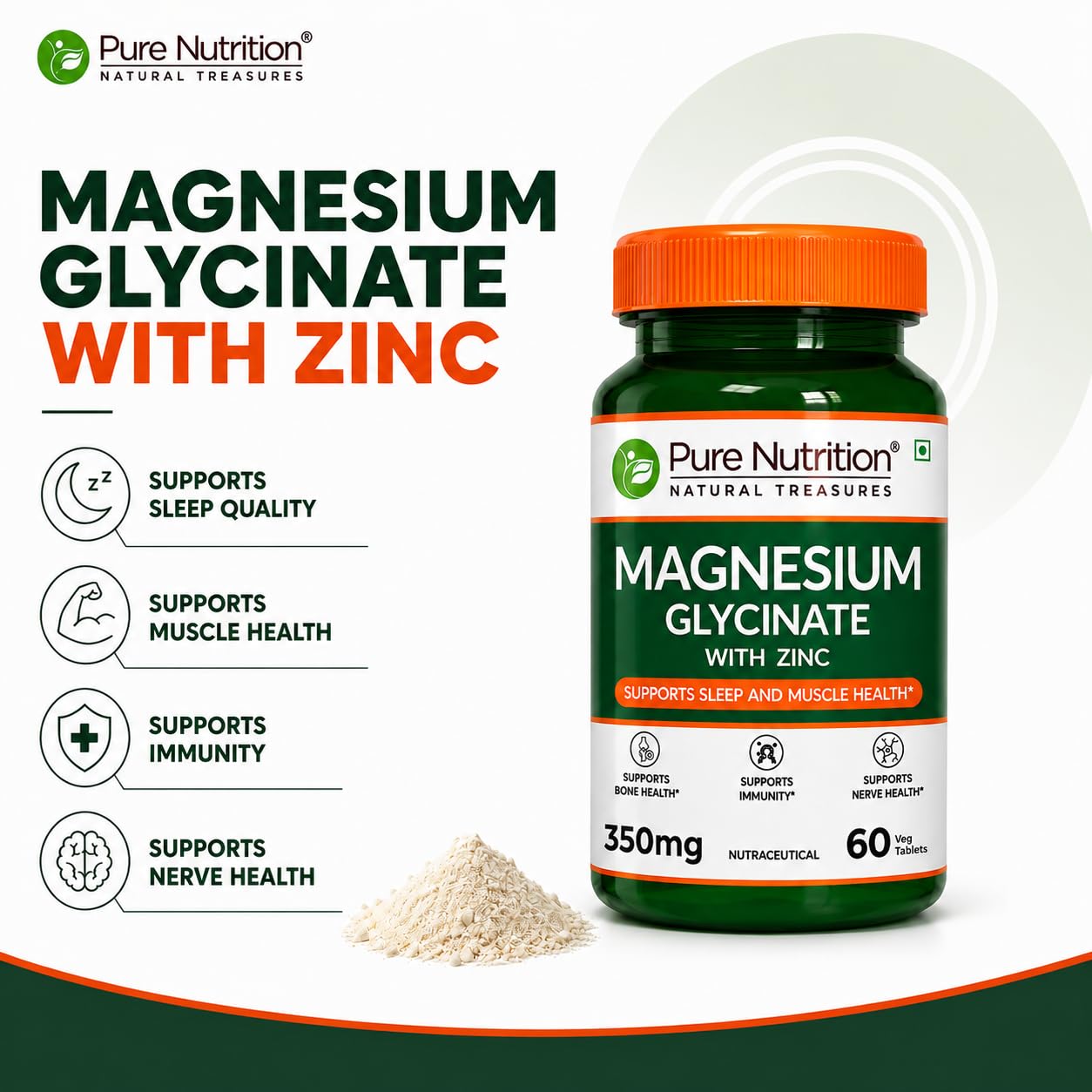 Pure Nutrition Magnesium Glycinate 350mg, 180 Tablets | Muscle, Nerve & Relaxation Support