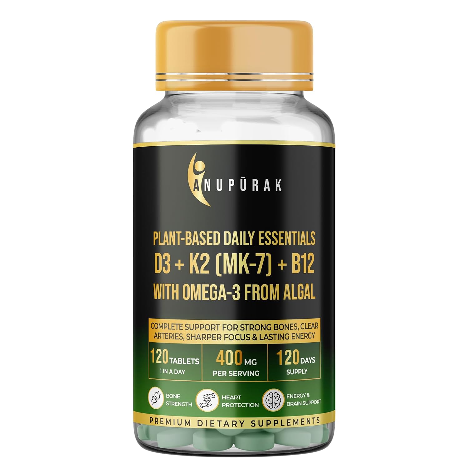 Anupurak D3+K2(MK-7)+B12 with Omega-3 from Algal Tablet (120 Each)