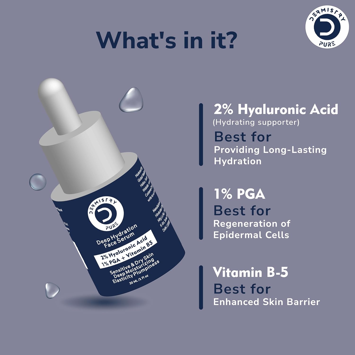 Dermistry Pure 2% Hyaluronic Acid 1% PGA Vitamin B5 Deep Hydration Face Serum