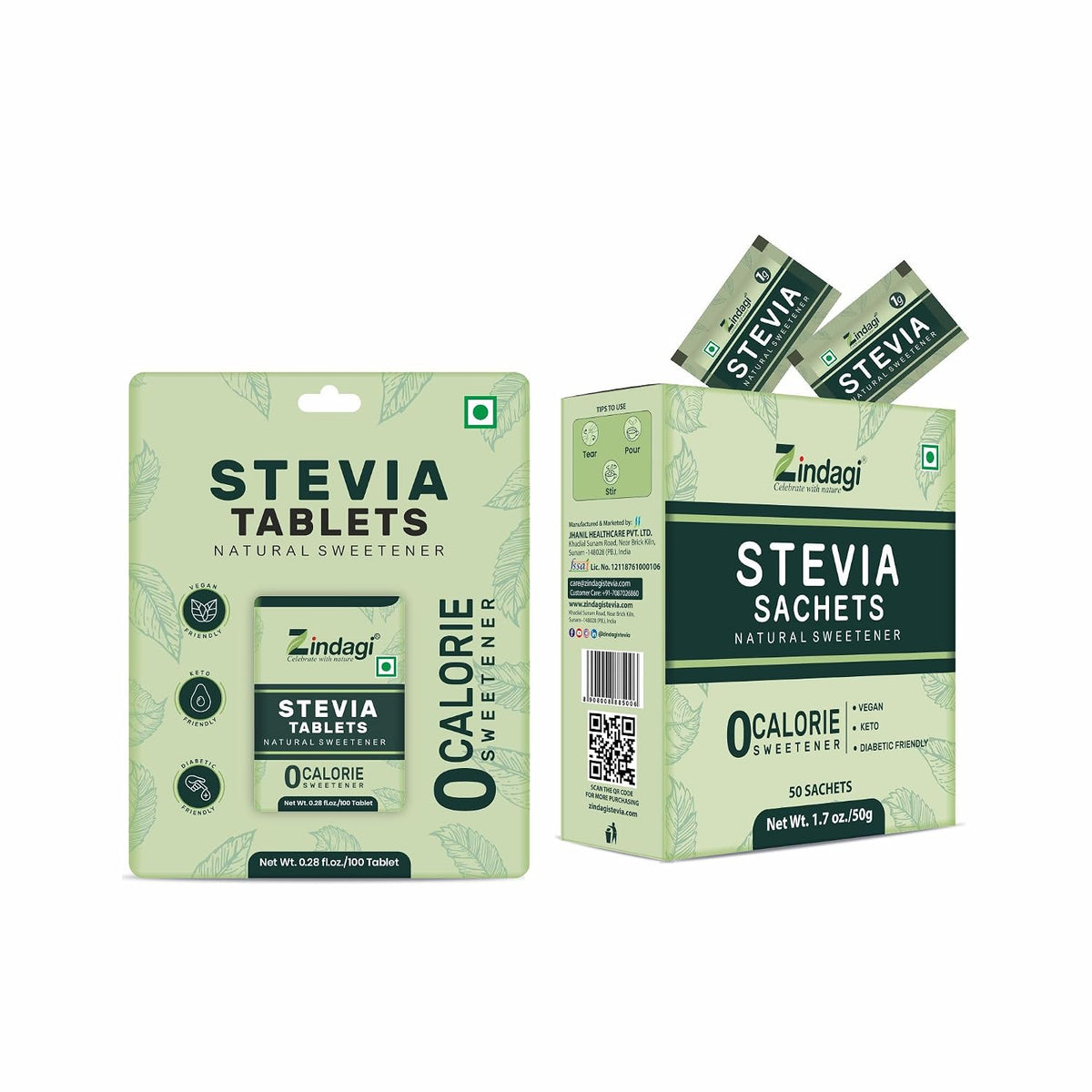 Zindagi Stevia Tablets & Stevia Powder (50 Sachets) | 100% Natural Zero-Calorie Sugar-Free Sweetener Combo Pack