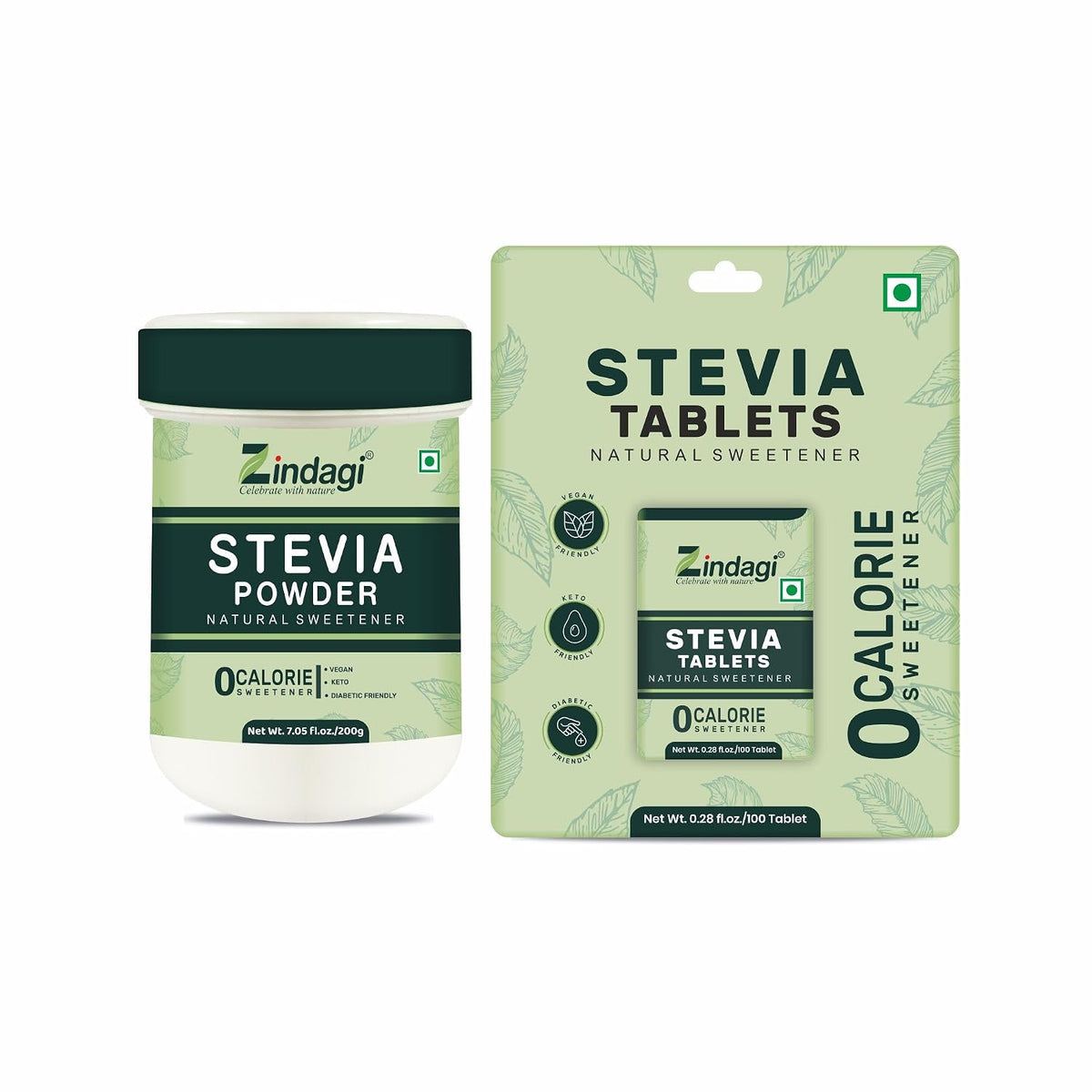 Zindagi Stevia Sugar-Free Tablets & Natural Stevia Powder | 100% Natural Zero-Calorie Sweetener Combo Pack