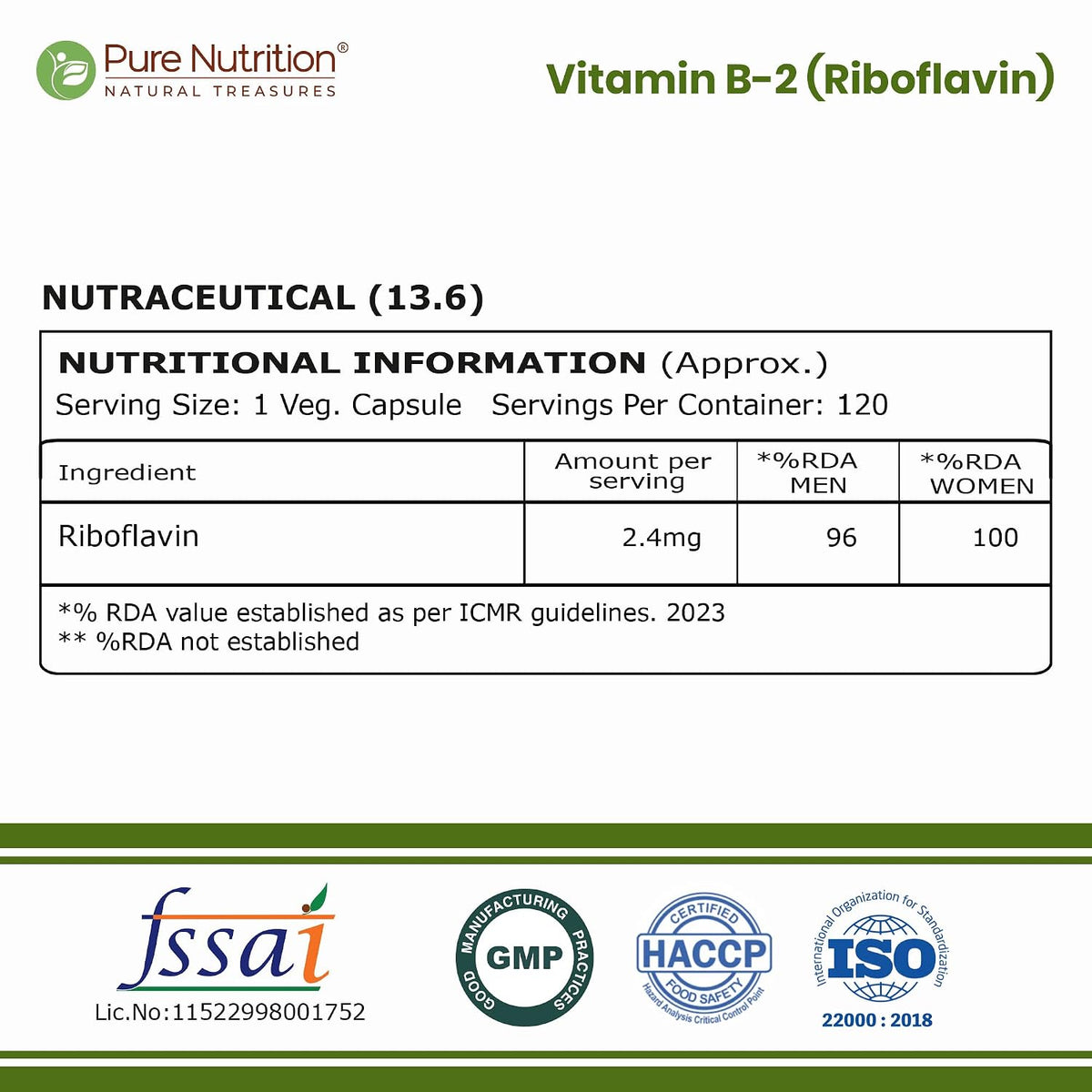 Pure Nutrition Vitamin B2 (Riboflavin) 2.4mg Capsules – Energy & Wellness Support Dietary Supplement – 120 Capsules