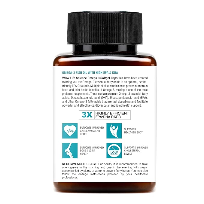 WOW Life Science Omega 3 Softgel Capsule - 1300 mg | EPA & DHA for Healthy Heart, Eyes & Joints - 60 Capsules