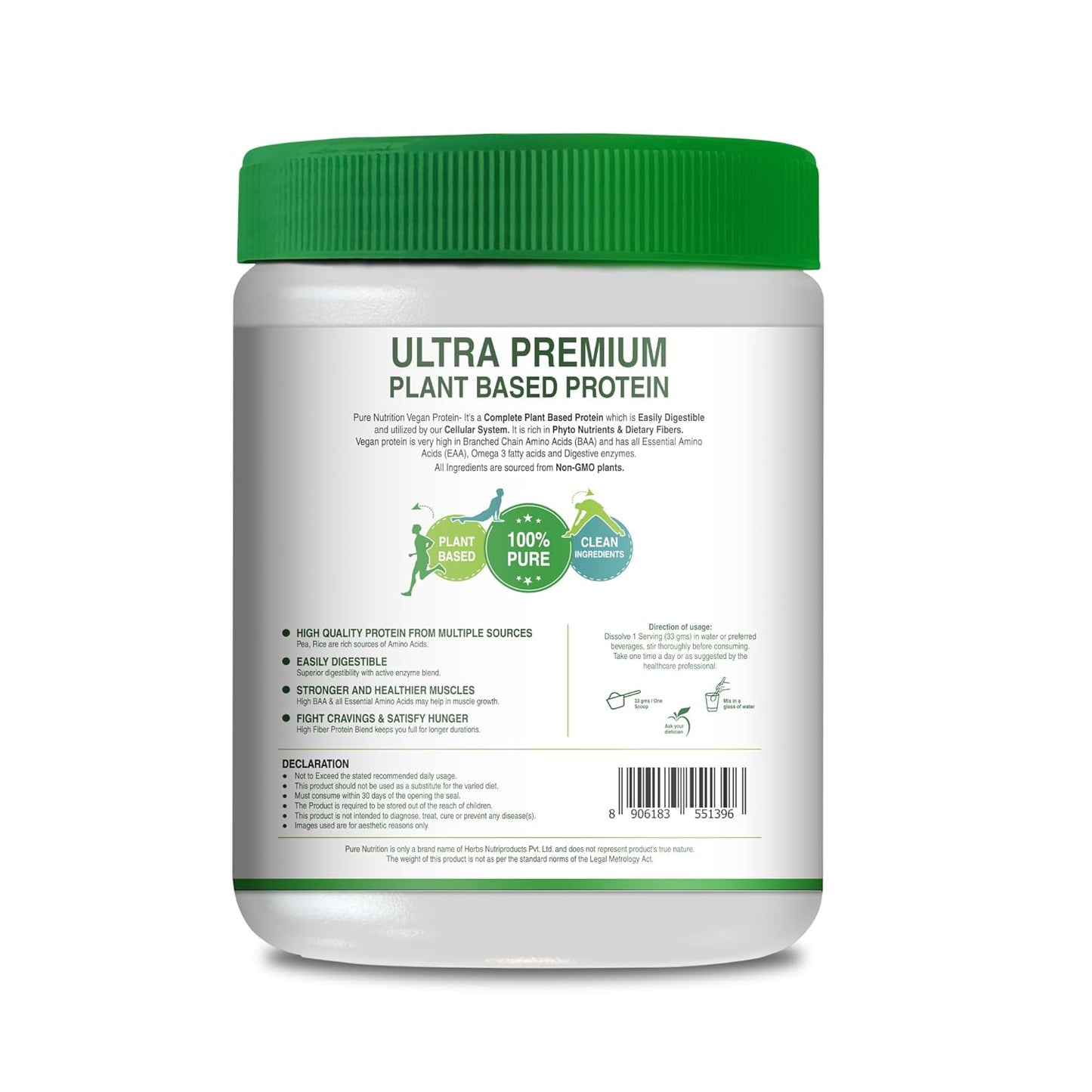 Pure Nutrition Plant Protein Powder for Men, Women - Berry Blast (500g) , With Pea & Brown Rice Protein with Omega3, Digestive Enzymes & Turmeric | Plant-based, Vegan Supplement for Muscle Growth & Strength | No Artificial Sweeteners