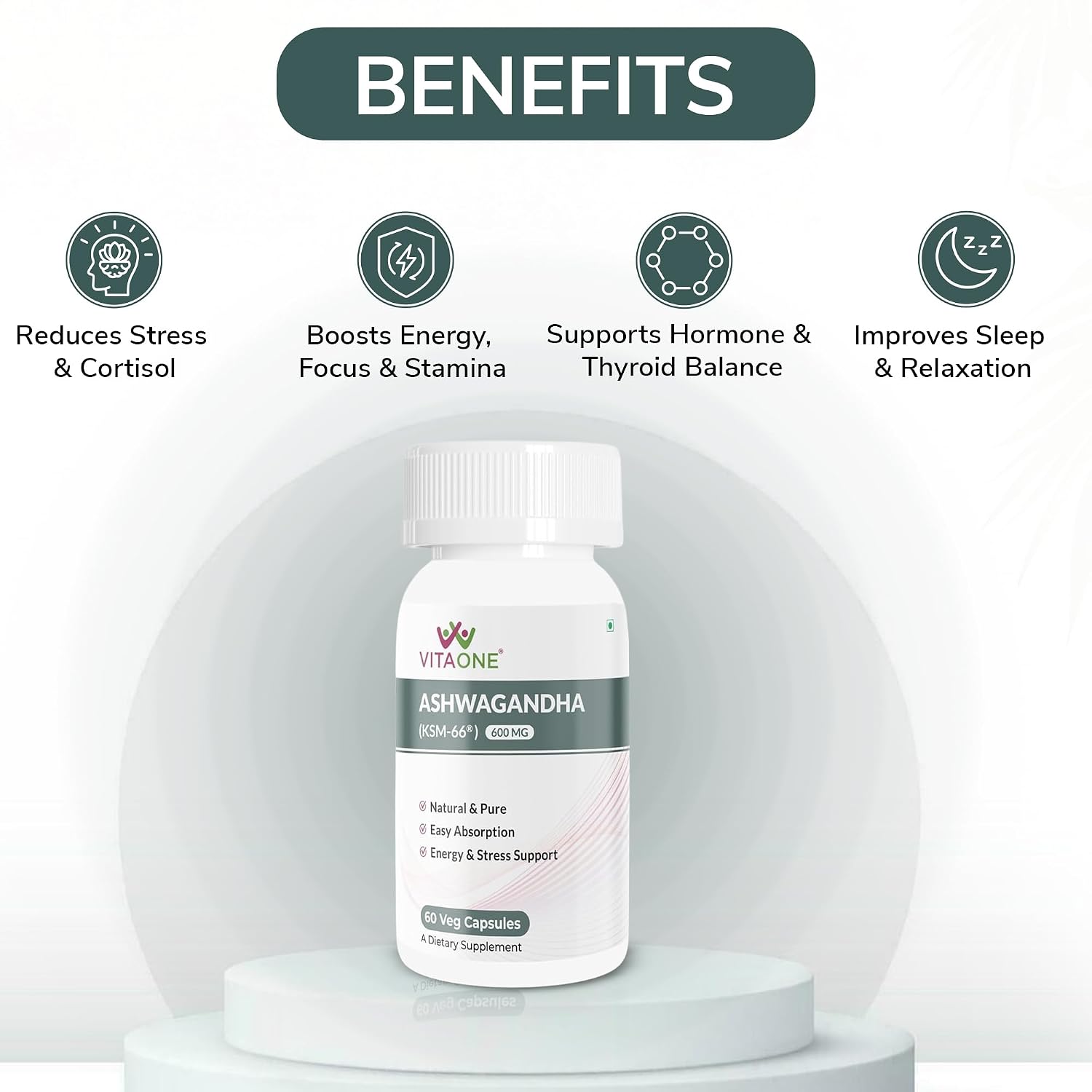 Vitaone Ashwagandha KSM-66® 600mg Capsule | Clinical Strength for Stress Relief, Energy & Stamina (60 Capsules)