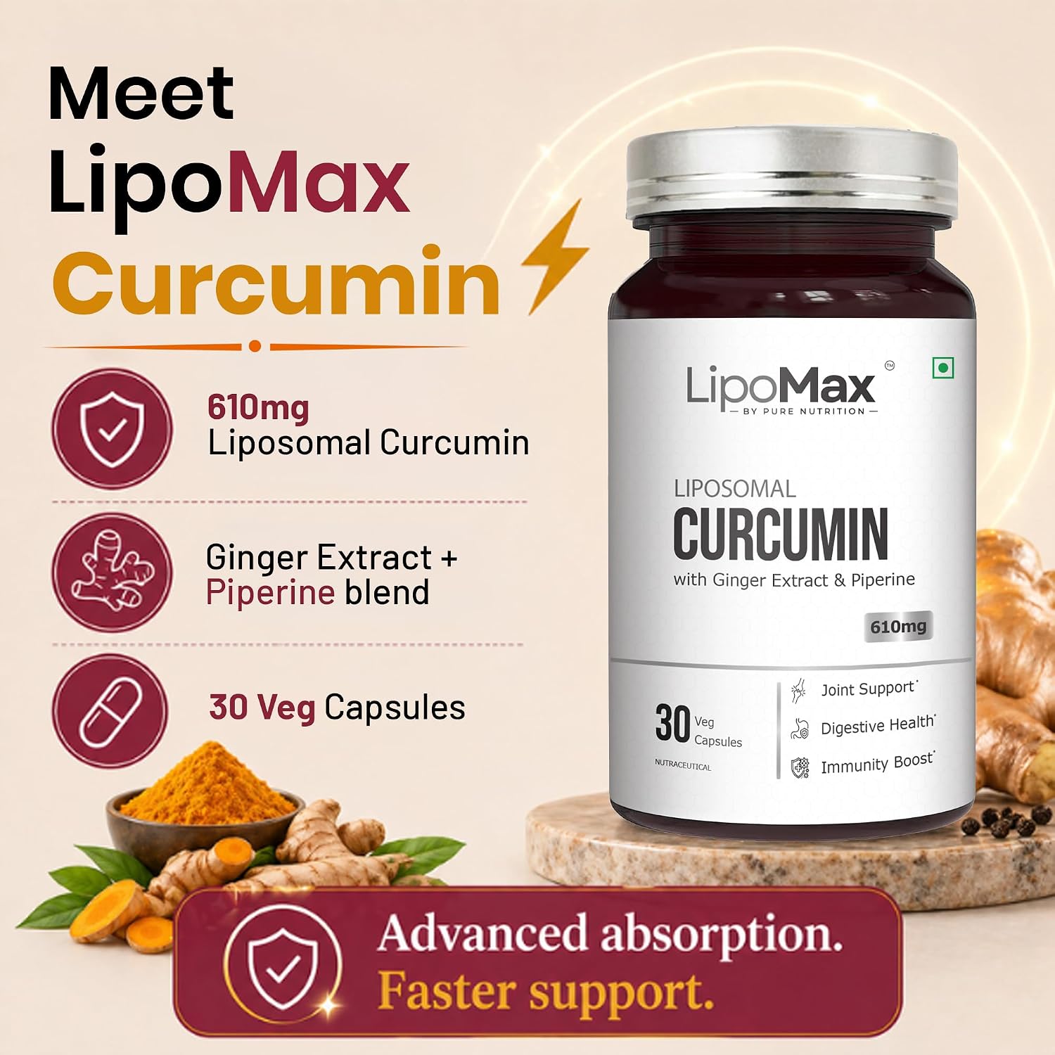 Pure Nutrition Liposomal Curcumin with Ginger Extract, 30 Capsules | Antioxidant & Joint Support
