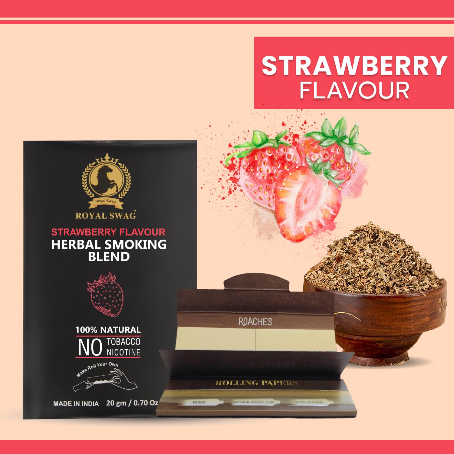 Royal Swag Strawberry Herbal Smoking Blend (20g) & King Size Slim Papers Combo Pack