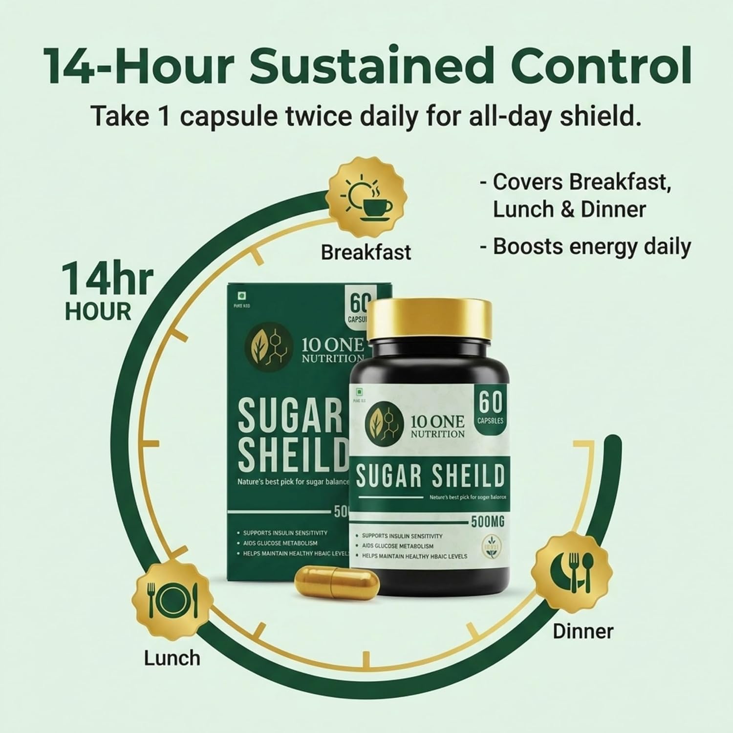 10 One Nutrition Sugar Shield Capsules 500mg (60 Veg Capsules) | Ayurvedic Support for Healthy Blood Sugar & Glucose Metabolism