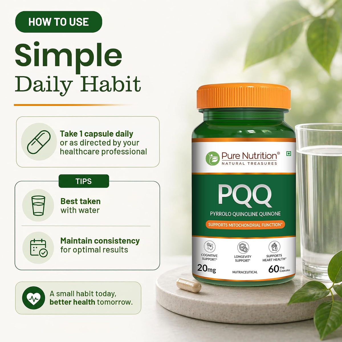 Pure Nutrition PQQ 20mg, 60 Capsules | Cellular Energy, Antioxidant & Healthy Aging Support