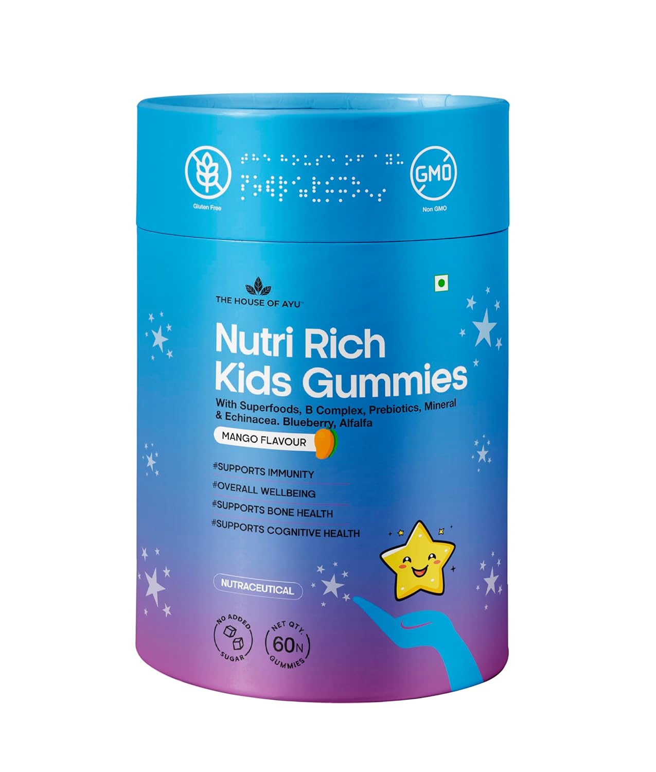 AYU Nutririch Kids Multivitamin Gummies | 16 Vitamins and Minerals | No Added Sugar | Immunity, Brain Health and Gut Support | Mango Flavour | 60 gummy stars