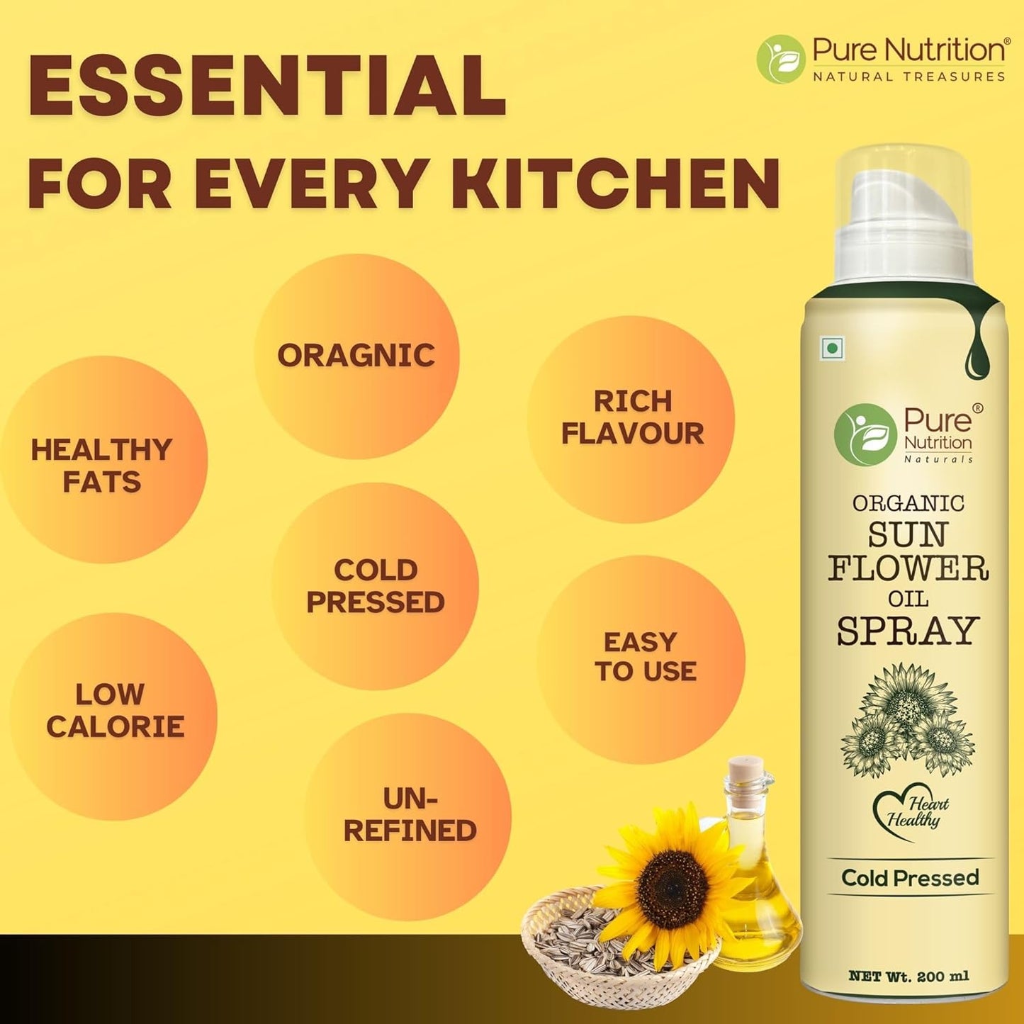 Pure Nutrition Sunflower Oil Cooking Spray - 200ml | 100% Pure & Edible | Healthy Cooking with 10X Less Oil | Ideal for Baking, Grilling & Frying | High Smoke Point | Light, Even Spray for Low-Calorie Meals & Heart Health