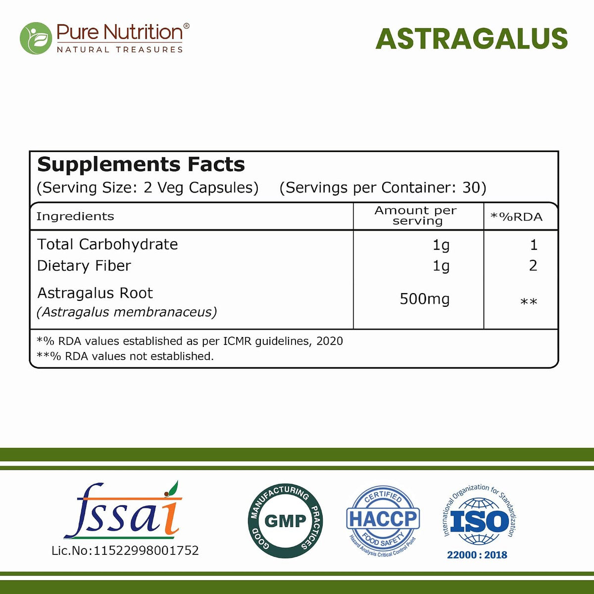 Pure Nutrition Astragalus 500mg, 60 Capsules | Herbal Supplement for Immune & Wellness Support